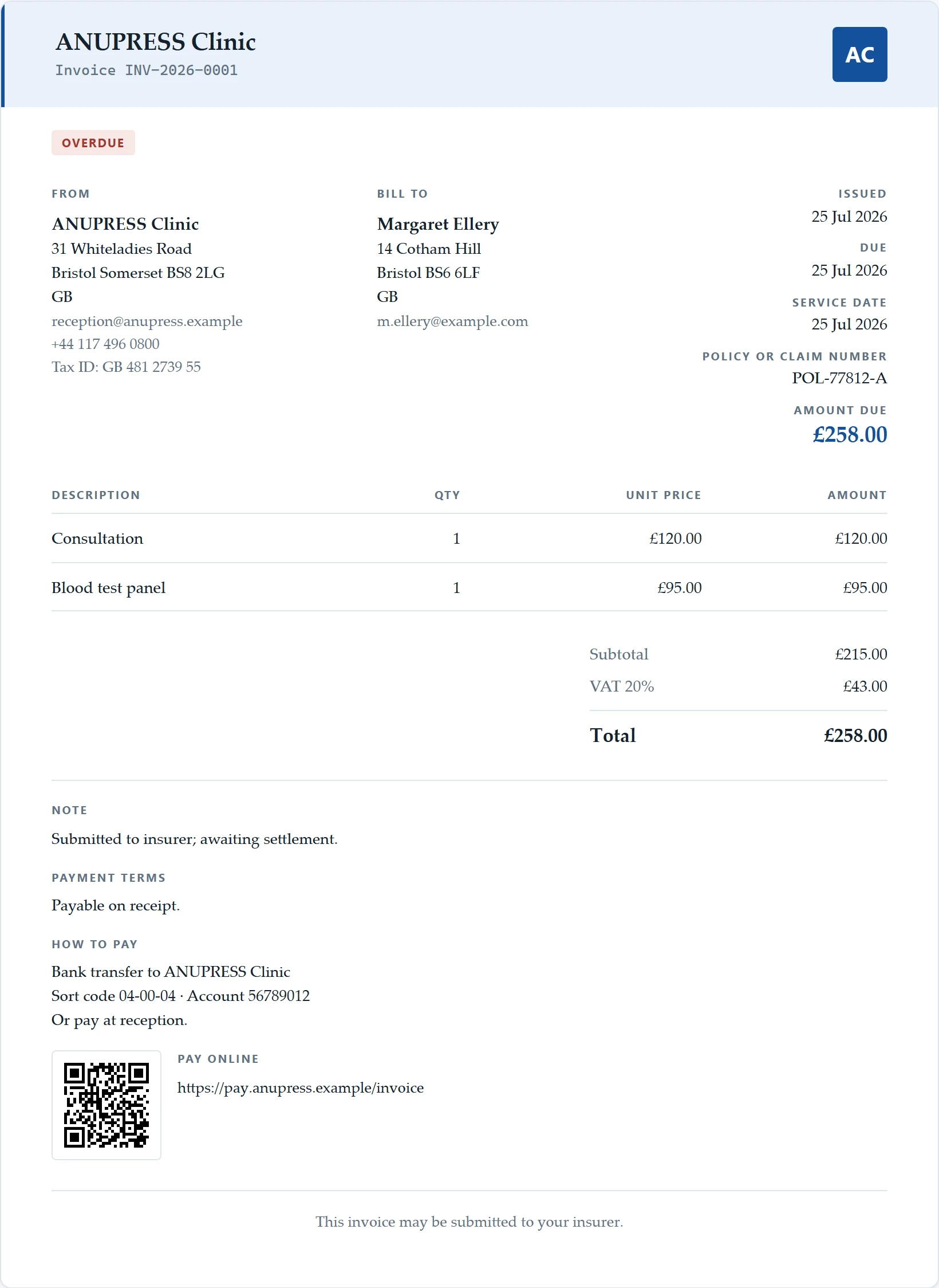 The clinic or practice starter document of the Grist invoice widget: a letterhead invoice with a policy or claim number