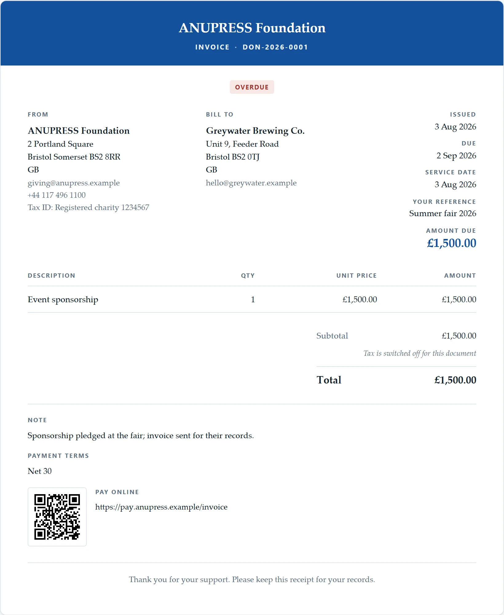 The charity or nonprofit starter document of the Grist invoice widget: a banded document with tax switched off