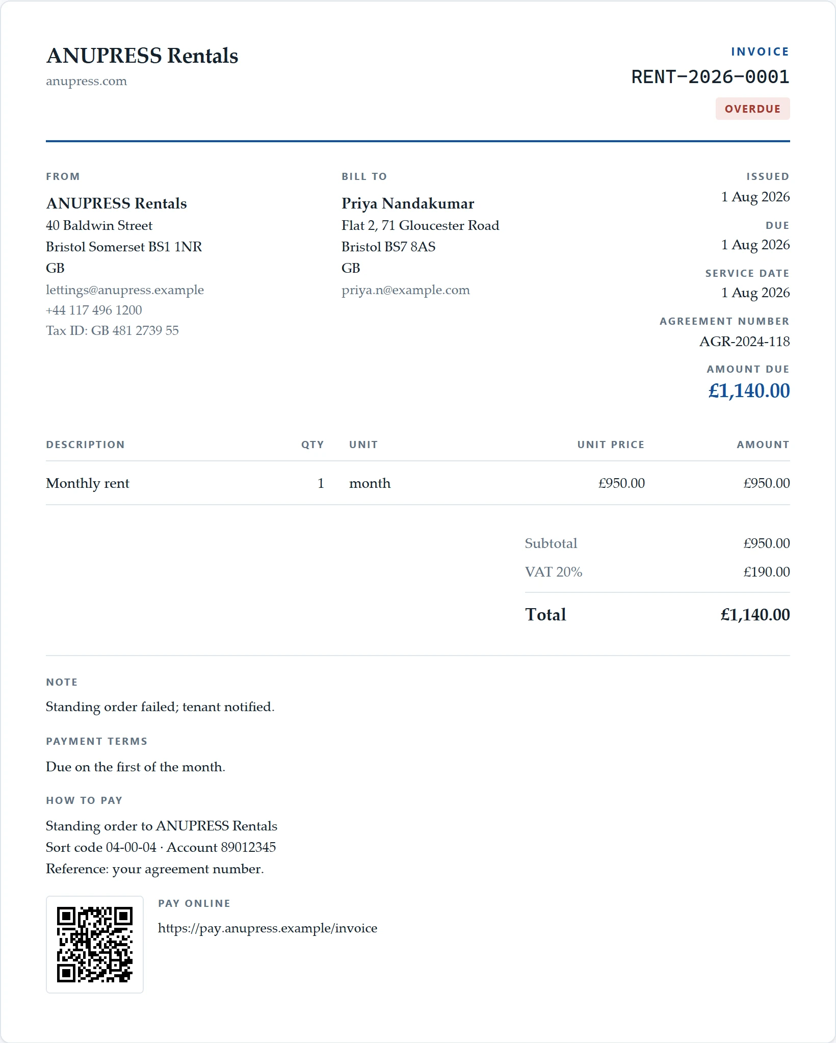 The property or equipment rental starter document of the Grist invoice widget: a monthly rent invoice with an agreement number
