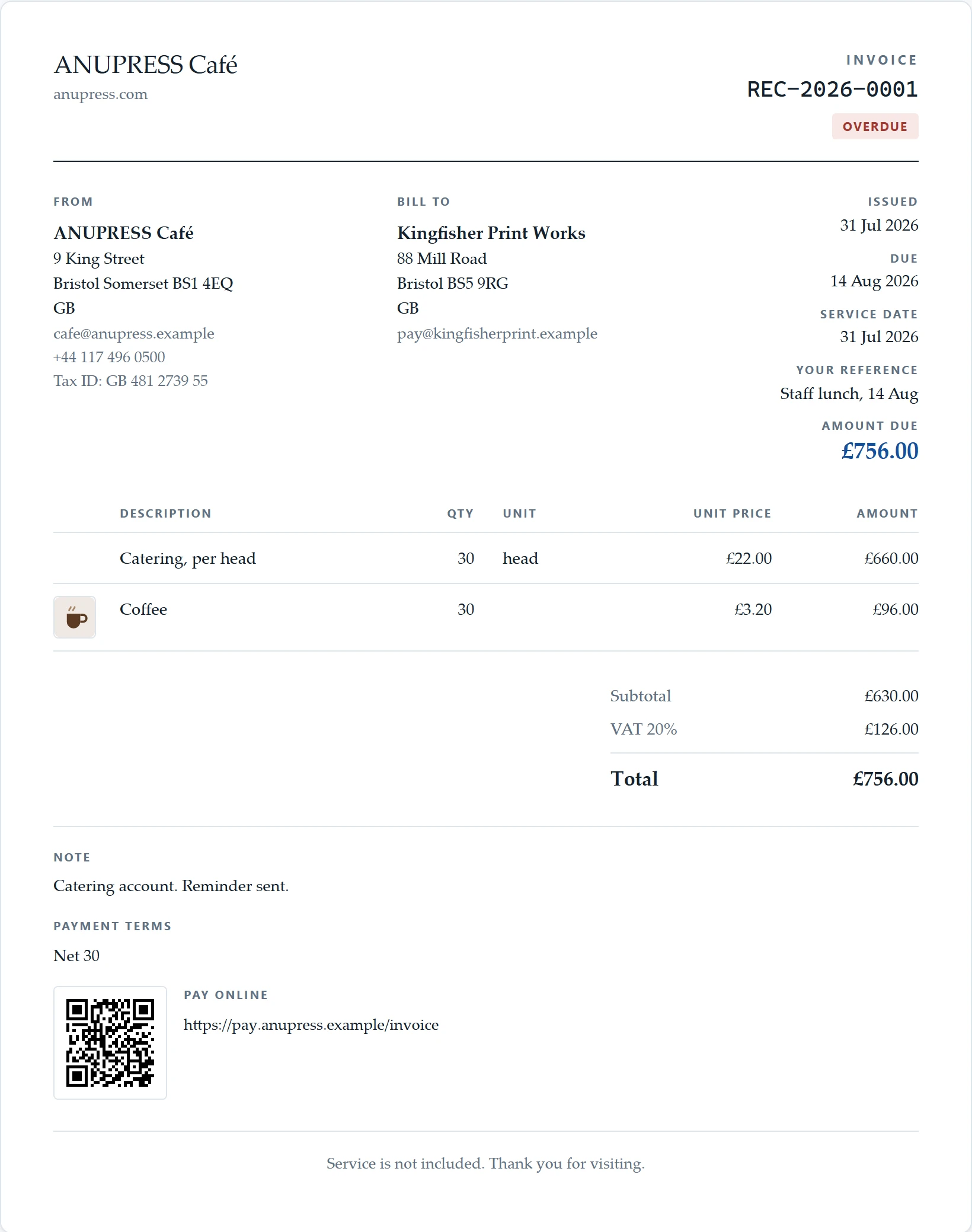The restaurant or café starter document of the Grist invoice widget: a catering account invoice with a product thumbnail