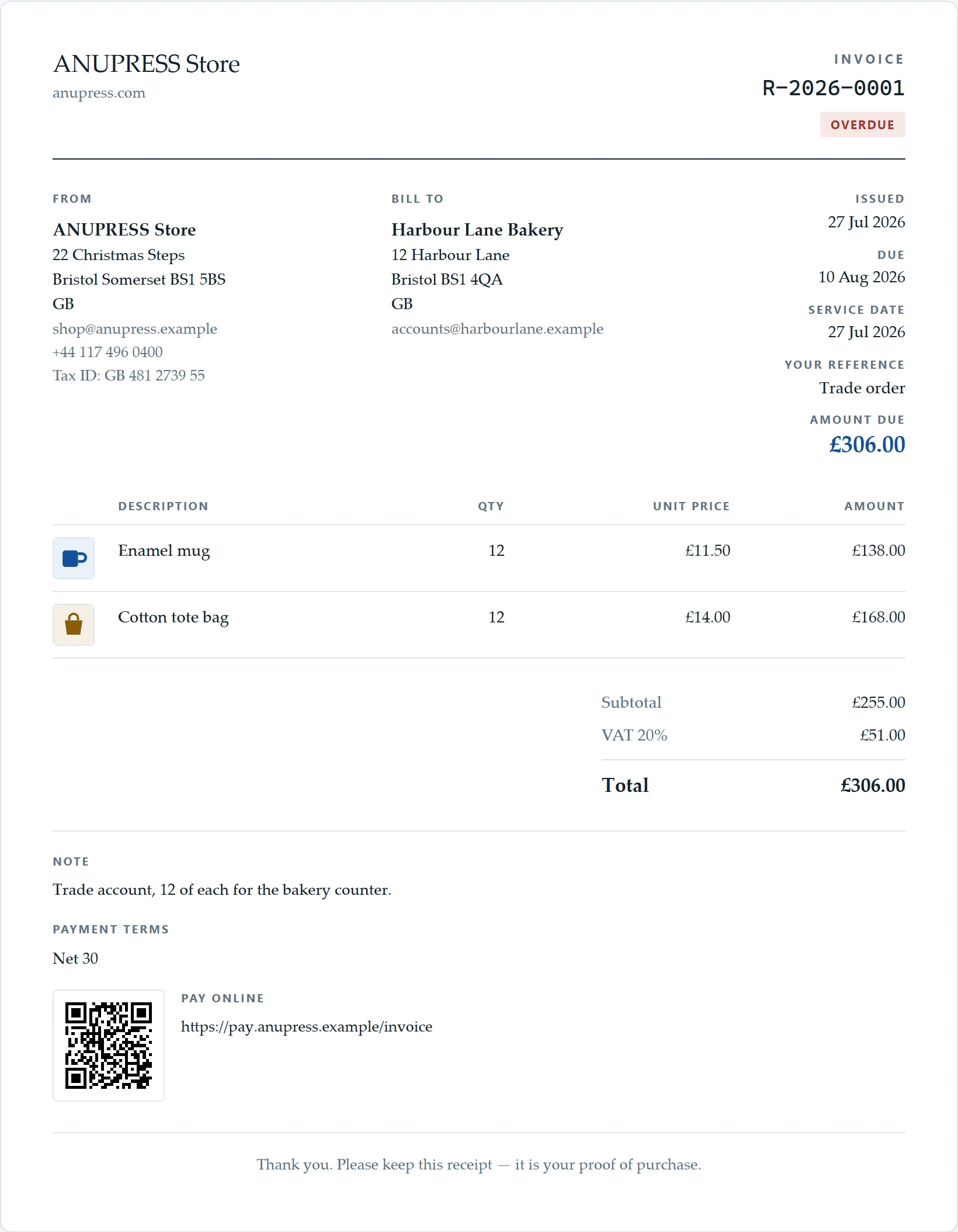 The retail shop starter document of the Grist invoice widget: a receipt with prices that include tax