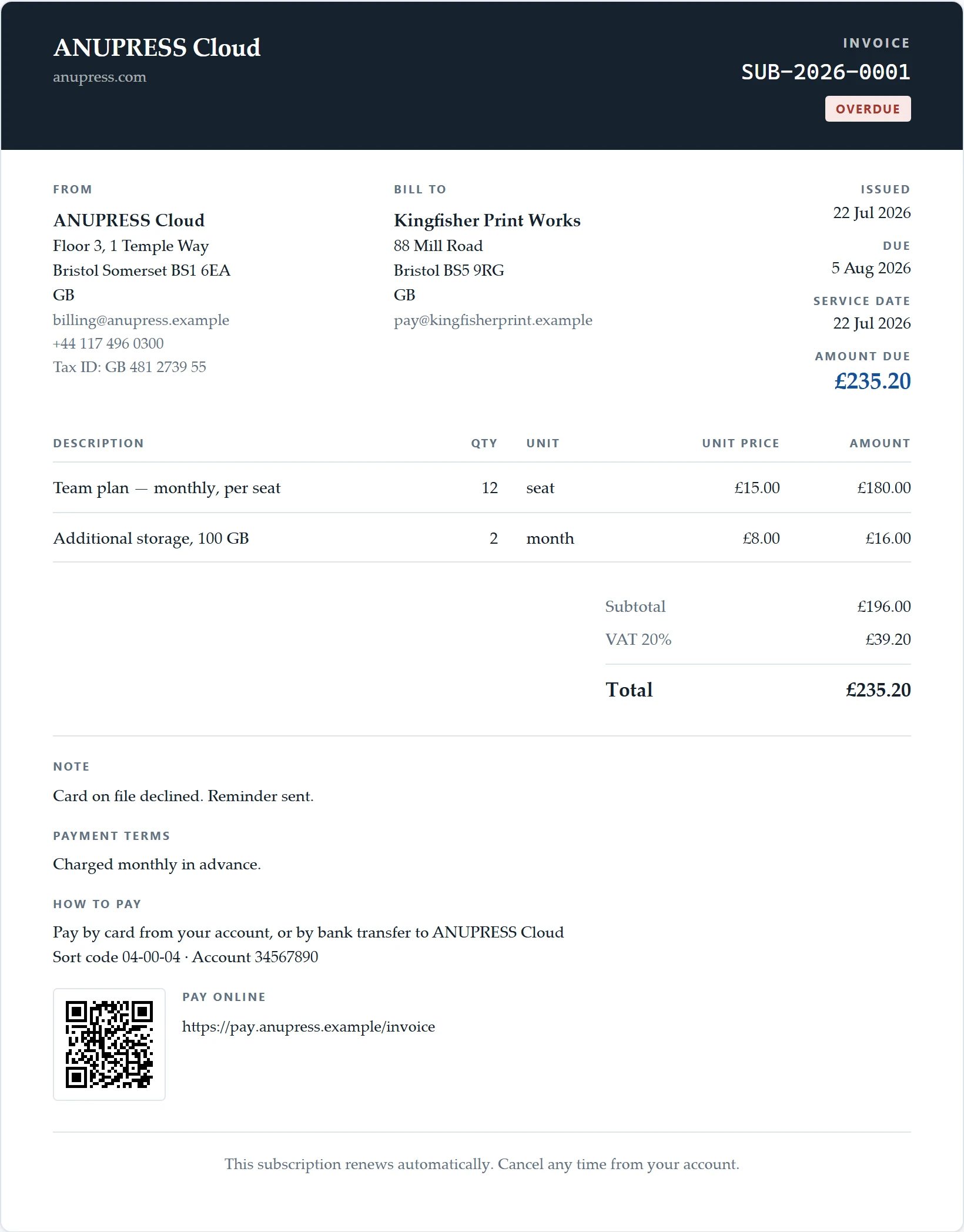 The software or subscription starter document of the Grist invoice widget: a slate layout with per-seat lines
