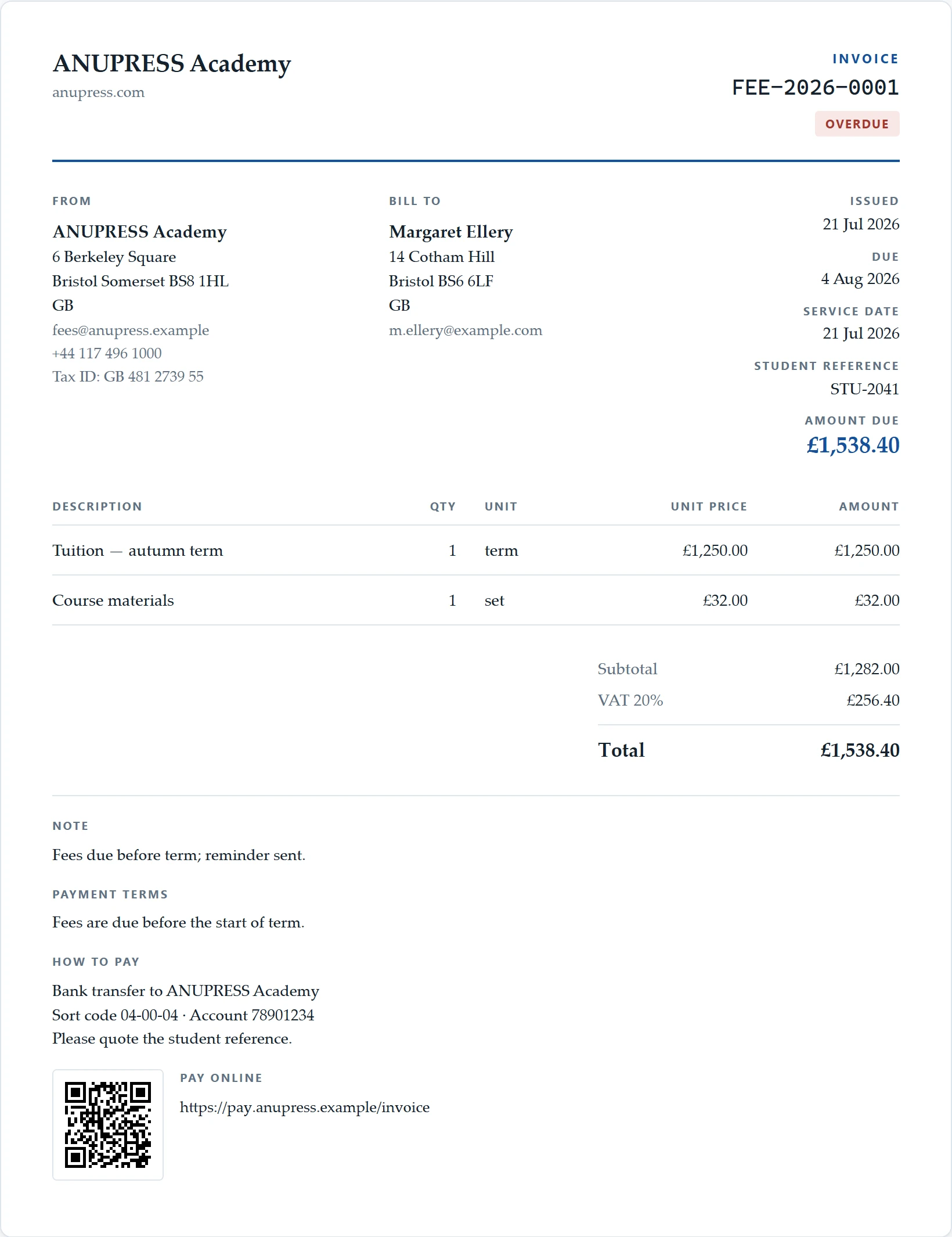 The school, tutor or course starter document of the Grist invoice widget: a fee invoice with a student reference