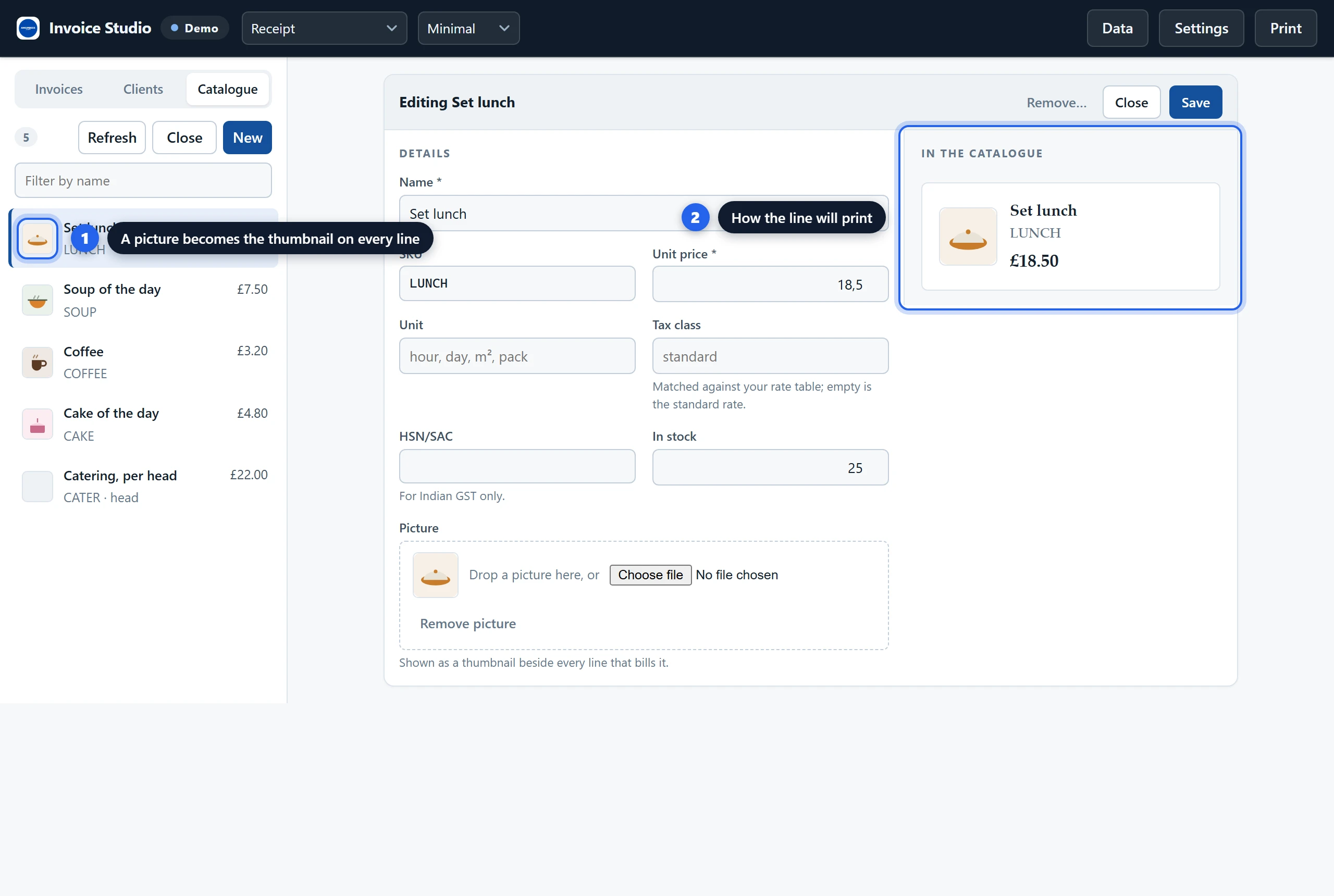 The Catalogue list of the Grist invoice widget with product thumbnails and an item form open, showing how the line will print