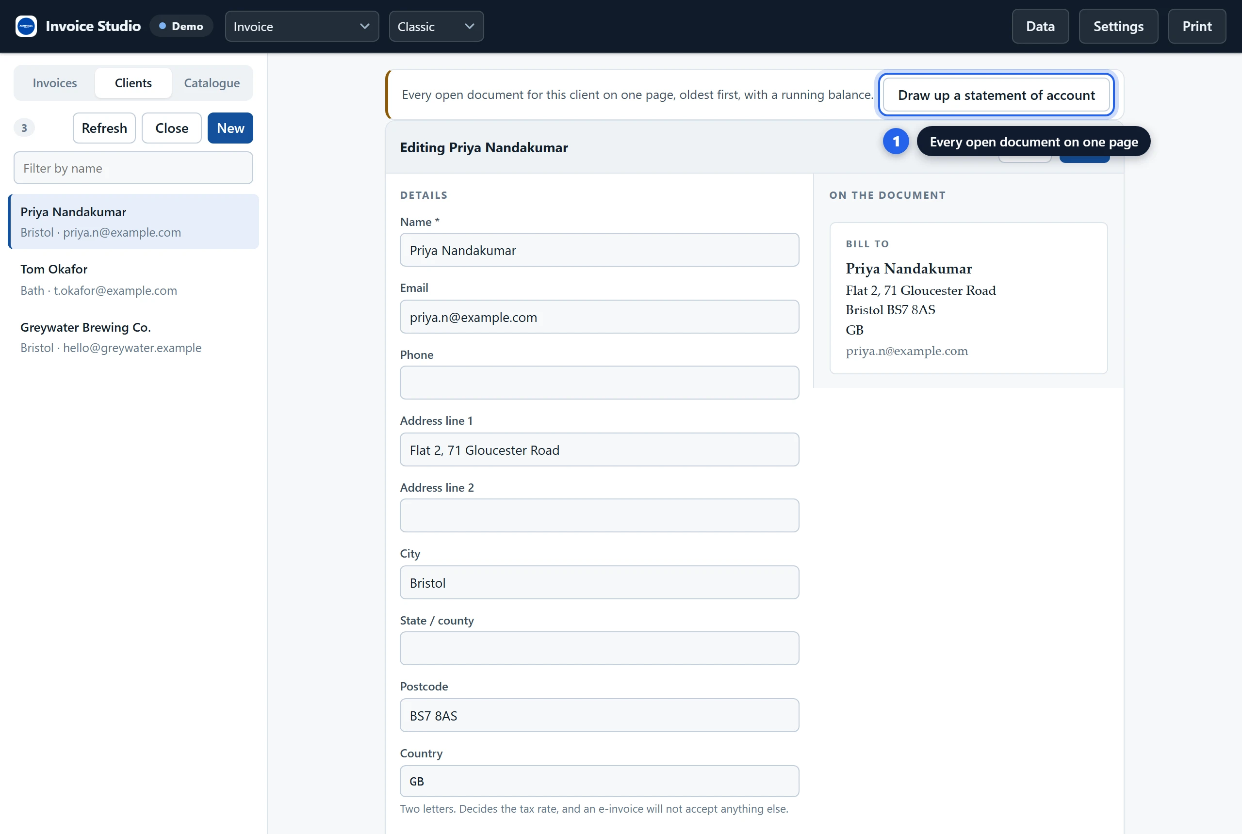 A client record open in the Grist invoice widget with the Draw up a statement of account button