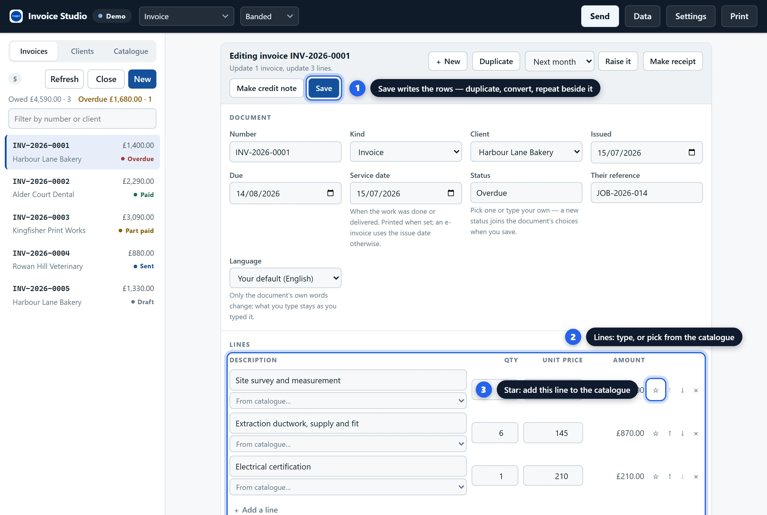 The composer of the Grist invoice widget with the document fields, the lines grid and the star that adds a line to the catalogue
