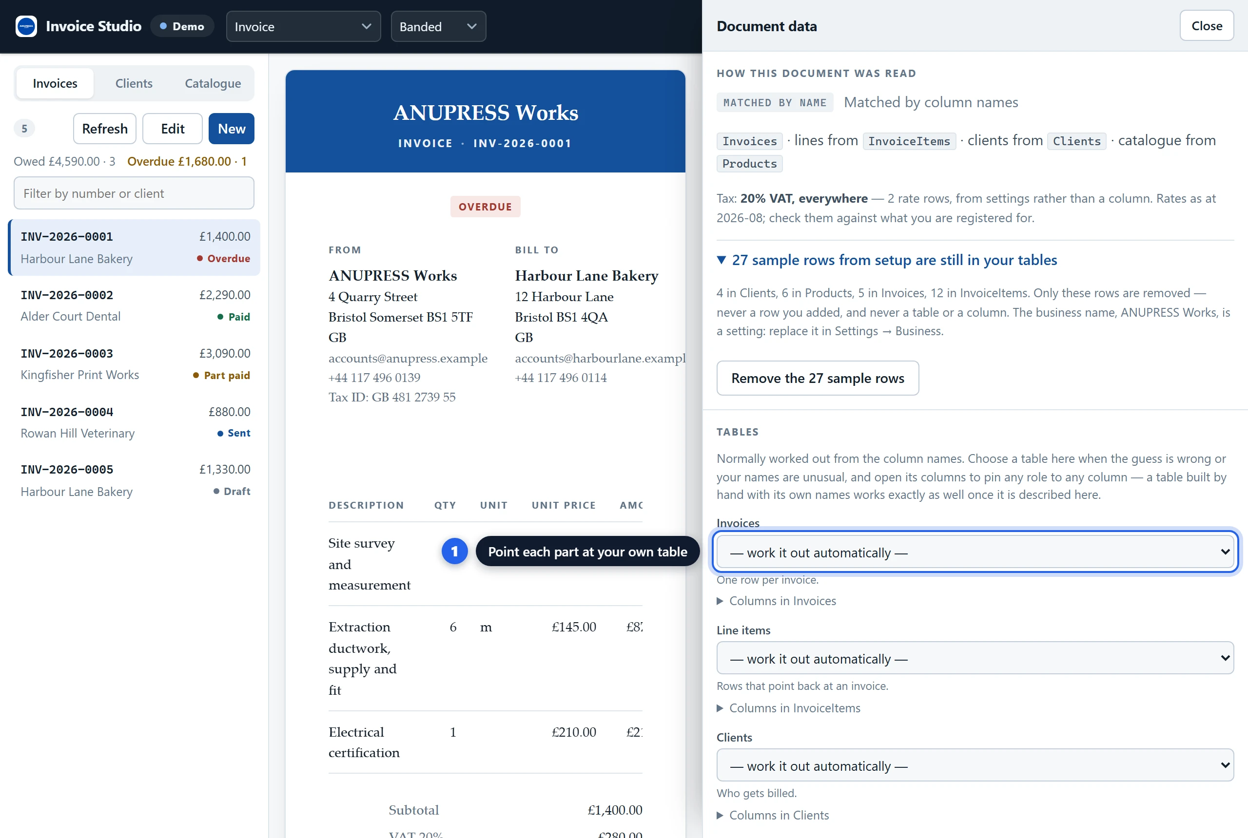 The Data drawer of the Grist invoice widget showing how the document was read and the table choosers