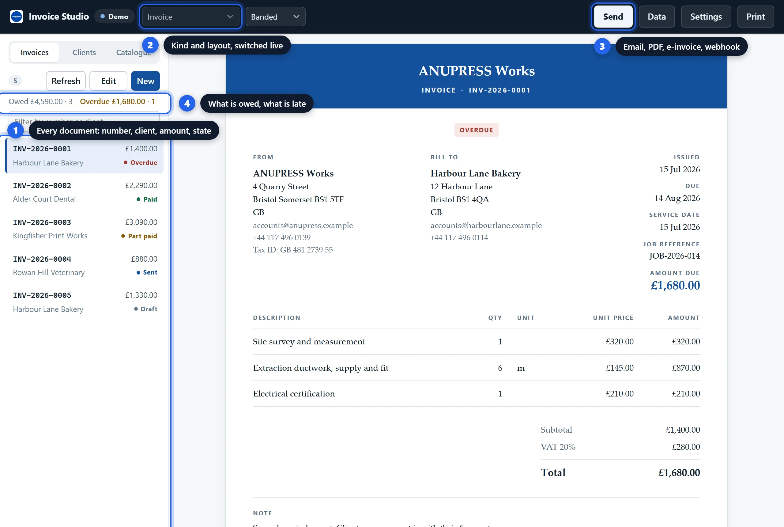 The Grist invoice widget showing five sample documents on the left and a banded construction invoice on the right, with the owed and overdue totals