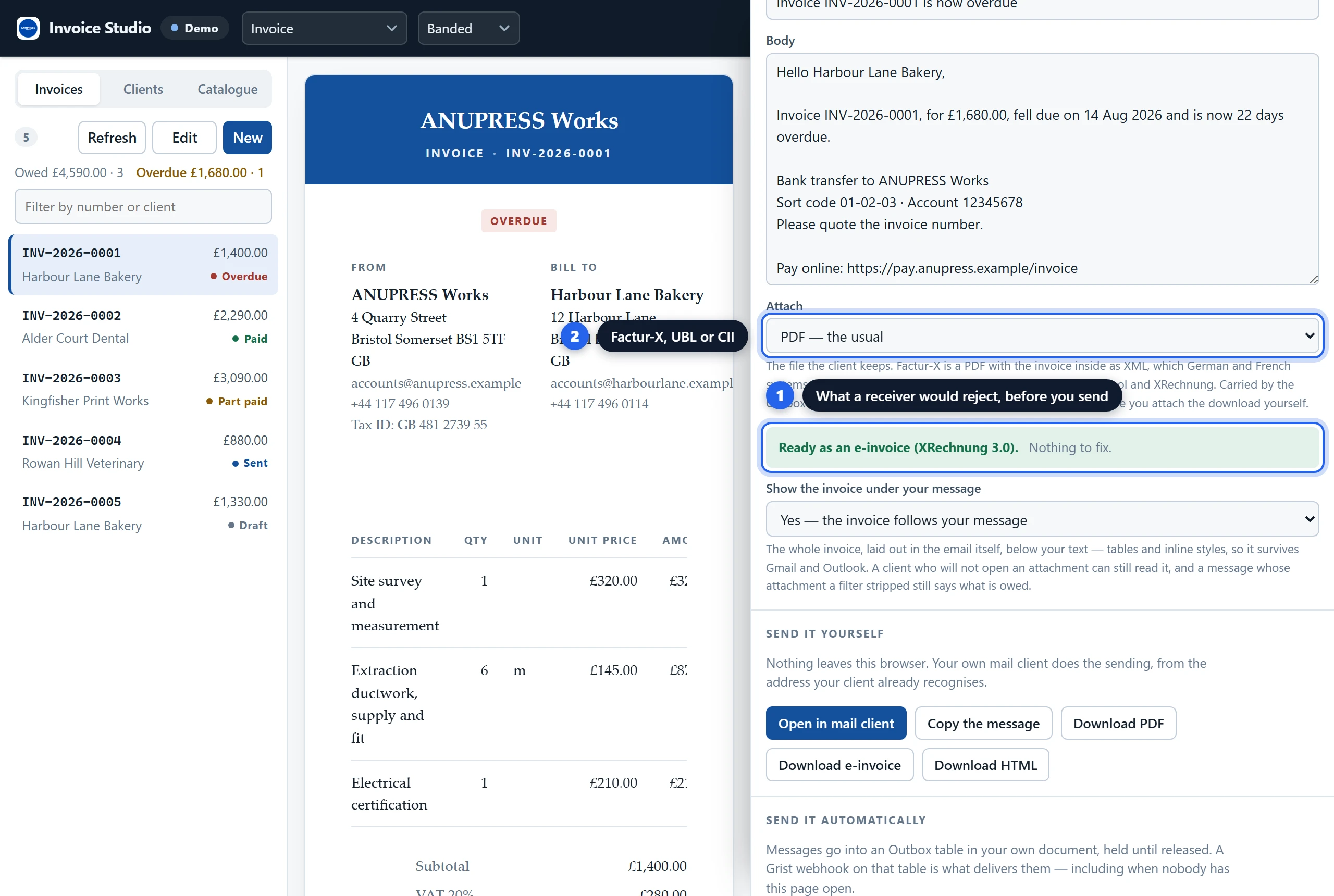 The Grist invoice widget's pre-send check reporting an invoice ready as an XRechnung 3.0 e-invoice with nothing to fix