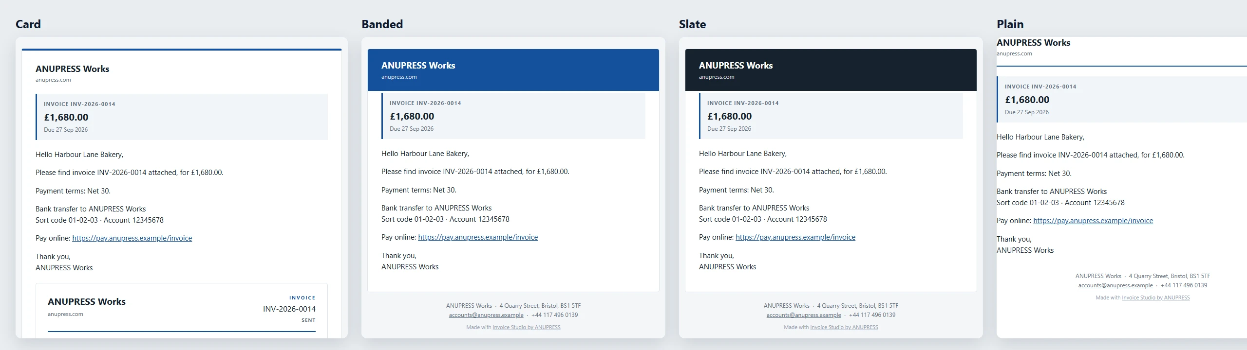 Four email designs from the Grist invoice widget: card, banded, slate and plain, each with the sender's name, accent and footer