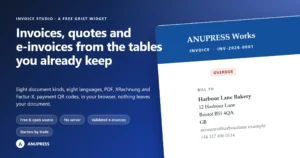Invoice Studio, the free Grist invoice widget: invoices, quotes and e-invoices from the tables you already keep