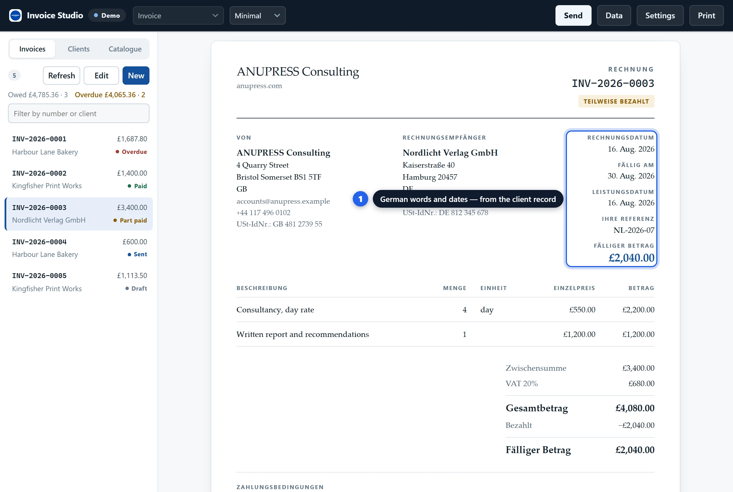 The Grist invoice widget rendering a Rechnung for a German client with German headings and dates