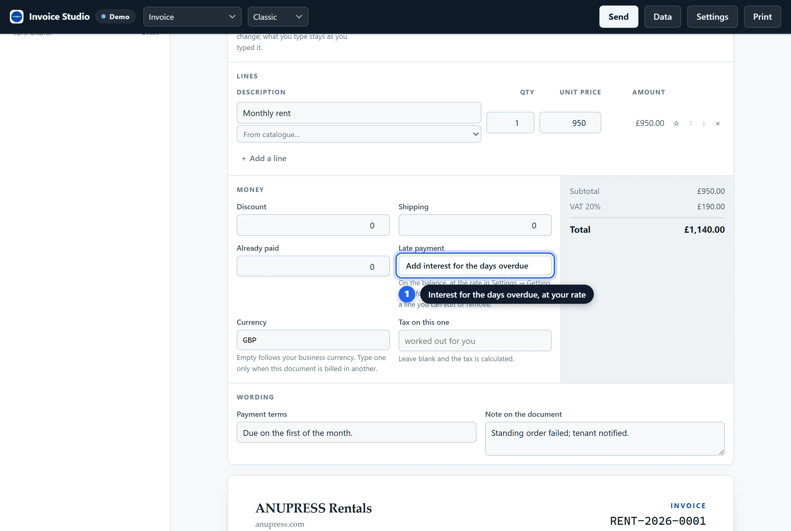 The Money section of the Grist invoice widget's composer with the Add interest for the days overdue button