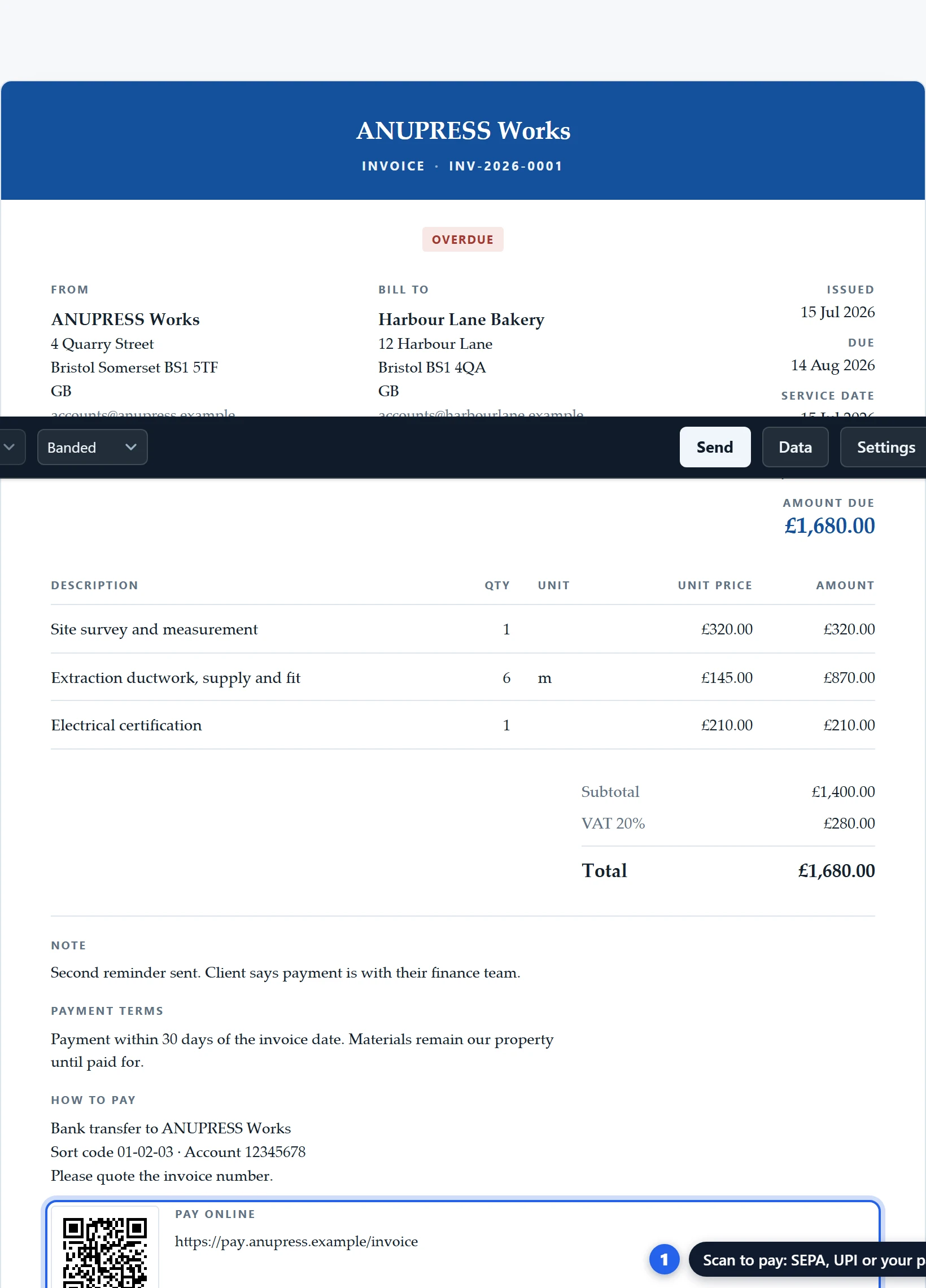 A construction invoice from the Grist invoice widget with bank details and a pay-online QR code at the foot