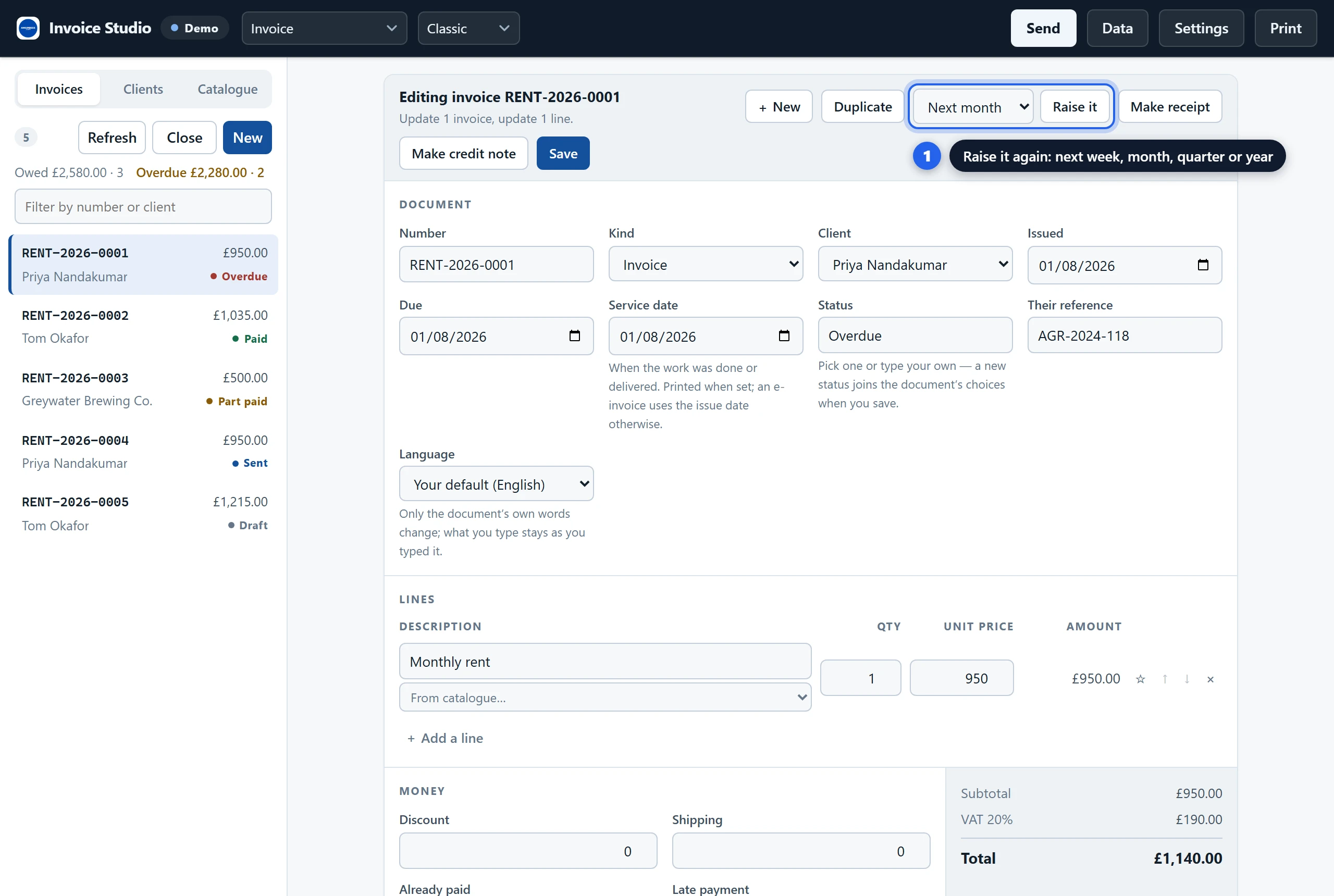 The repeat control in the Grist invoice widget's composer: next week, month, quarter or year, and Raise it