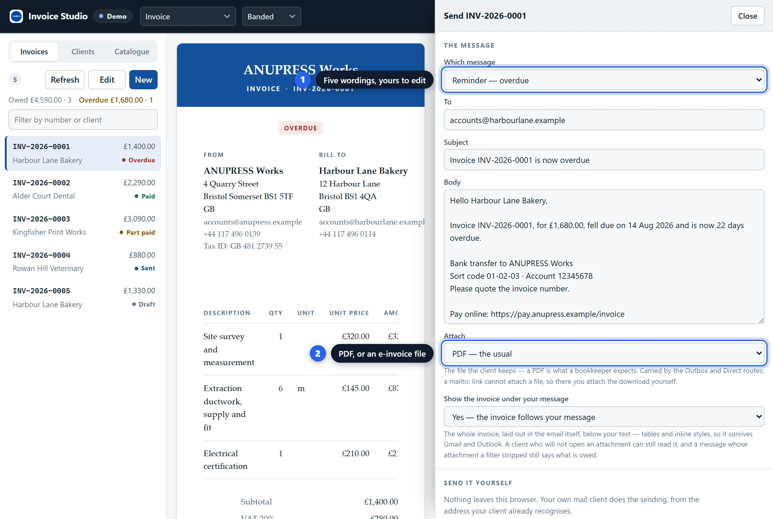 The Send panel of the Grist invoice widget with the message chooser set to an overdue reminder and the attachment set to PDF