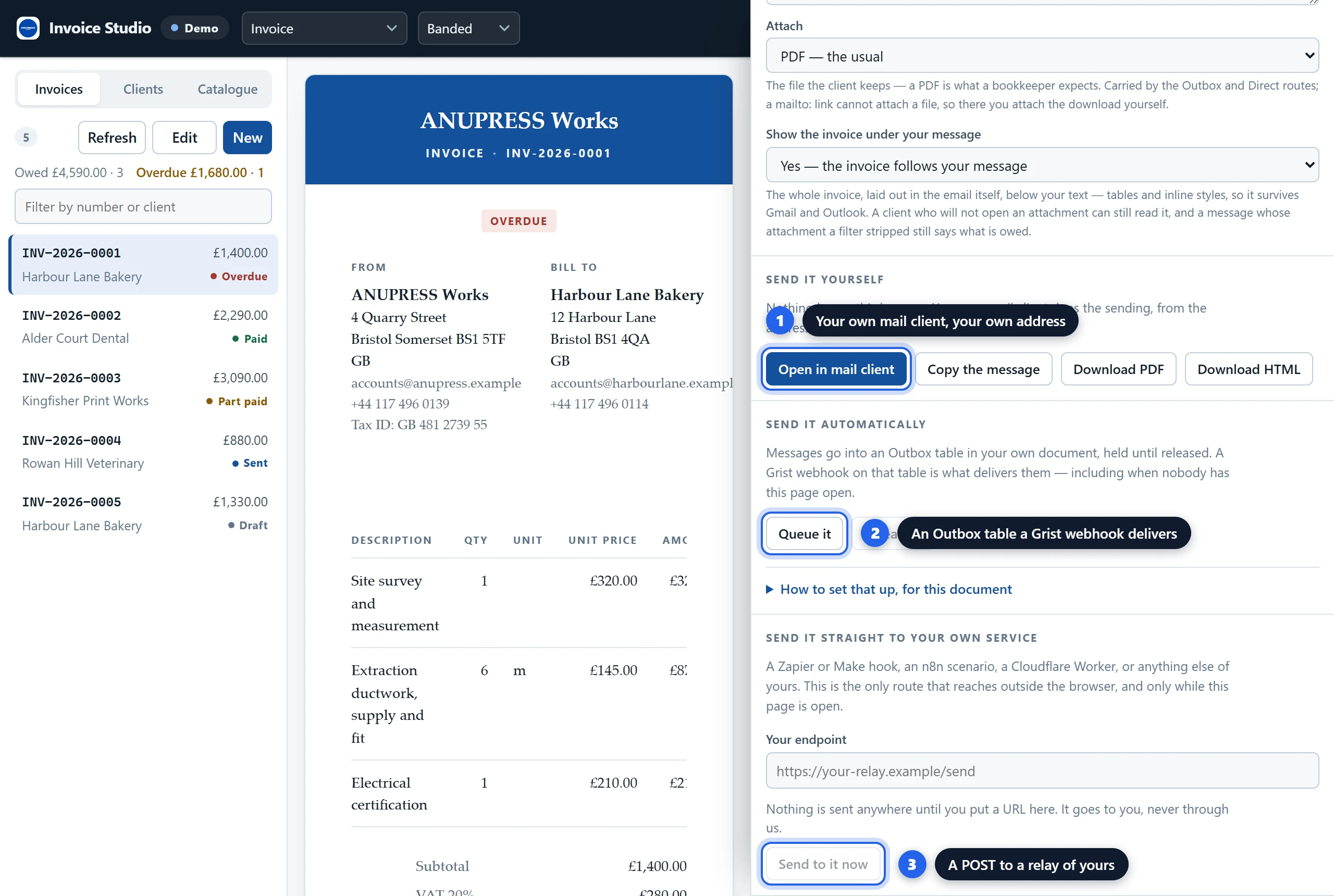 The routes in the Grist invoice widget's Send panel: open in mail client, copy, download, queue for a Grist webhook, or post to an endpoint