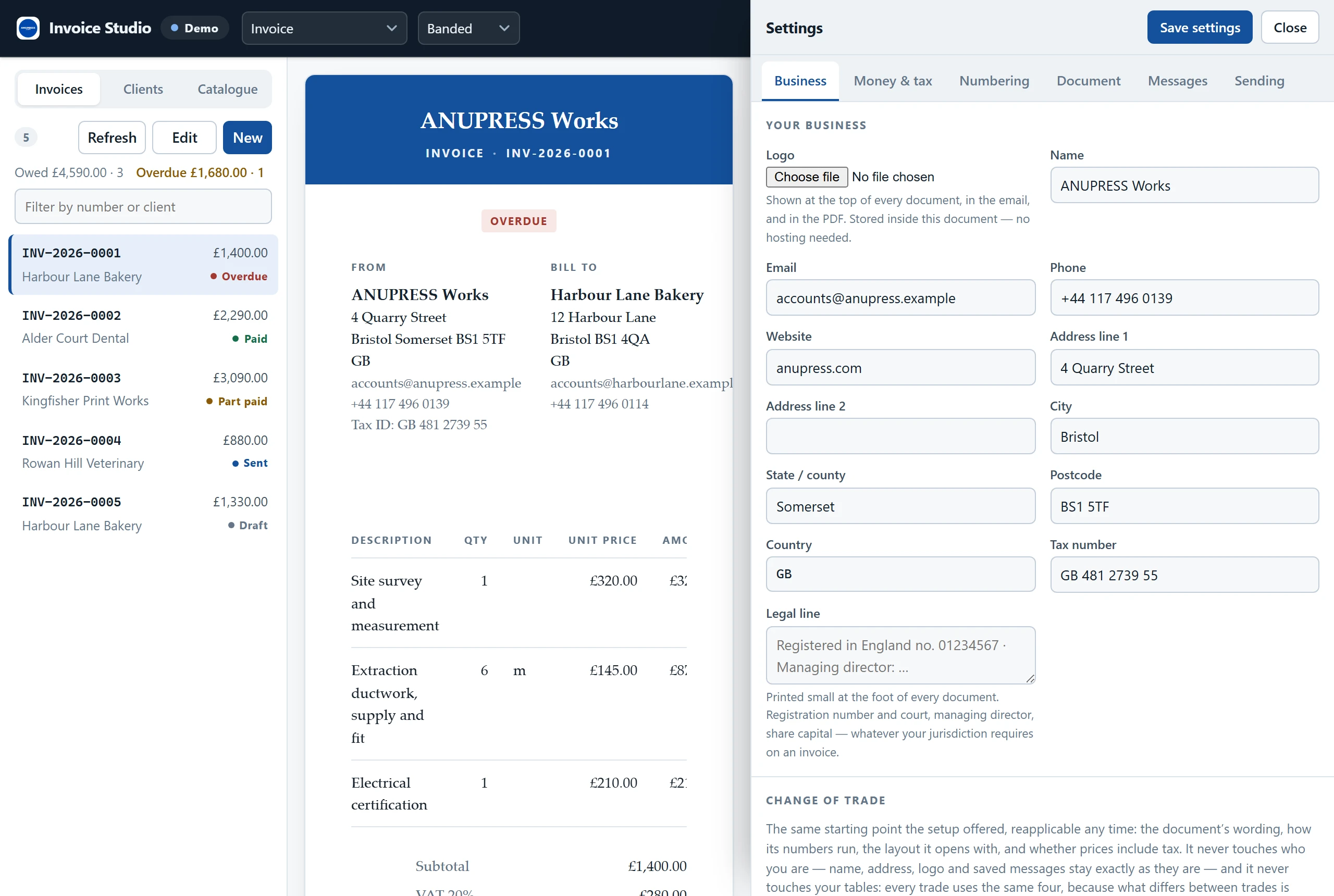 The Business tab of the Grist invoice widget's settings: logo, name, address, tax number, legal line