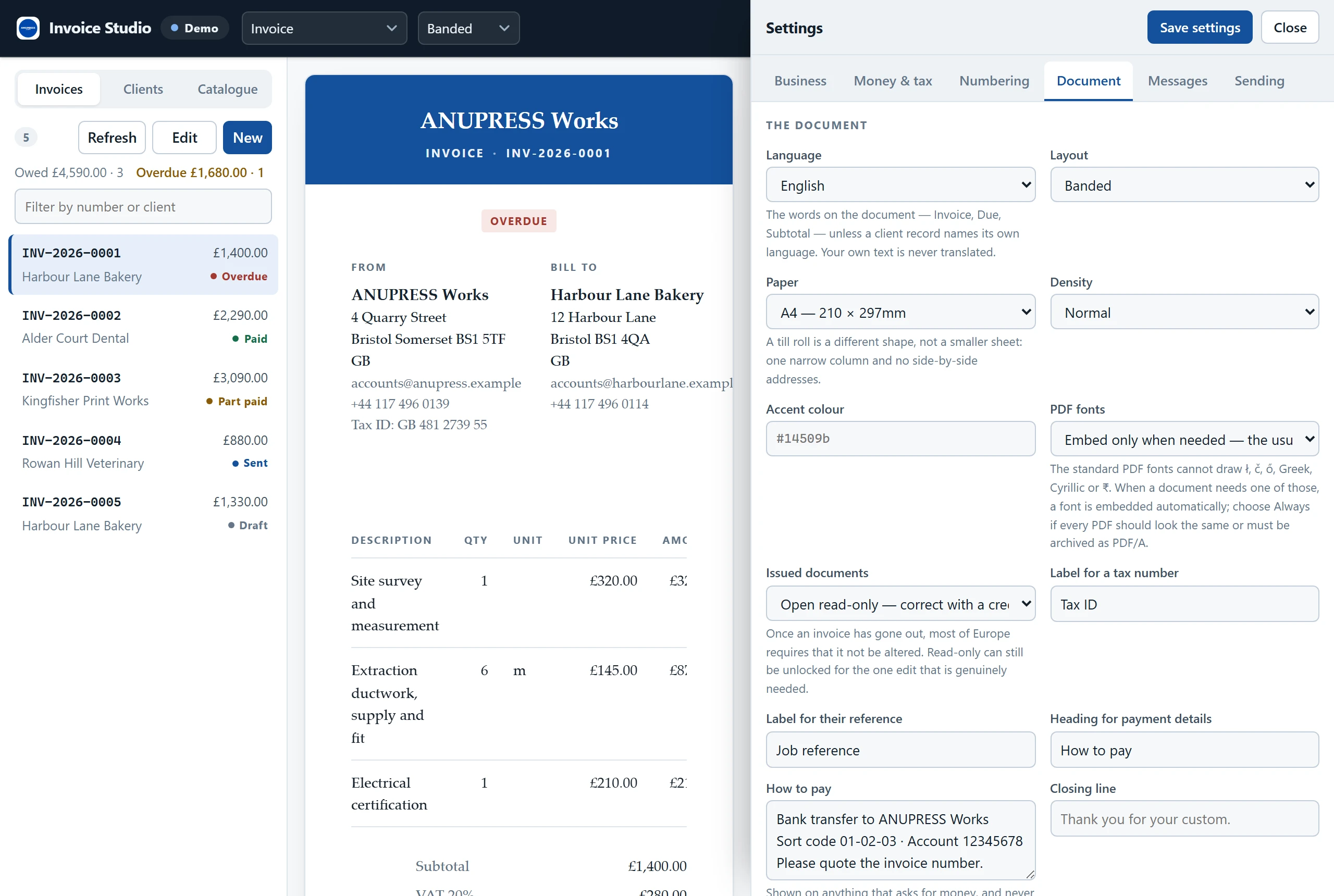 The Document tab of the Grist invoice widget's settings: layout, paper size, density, labels and wording