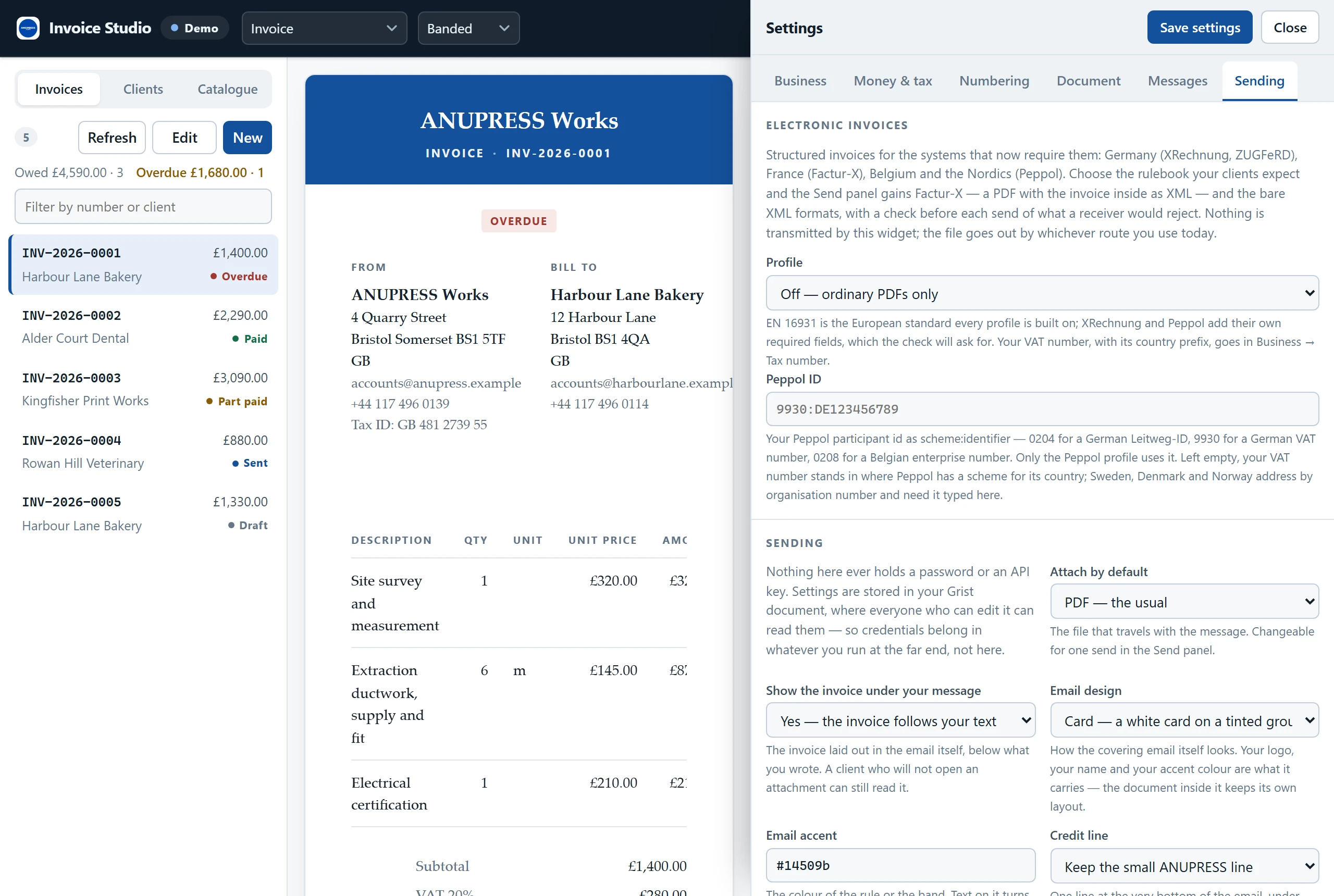 The Sending tab of the Grist invoice widget's settings: email design, e-invoice profile, Peppol ID and delivery