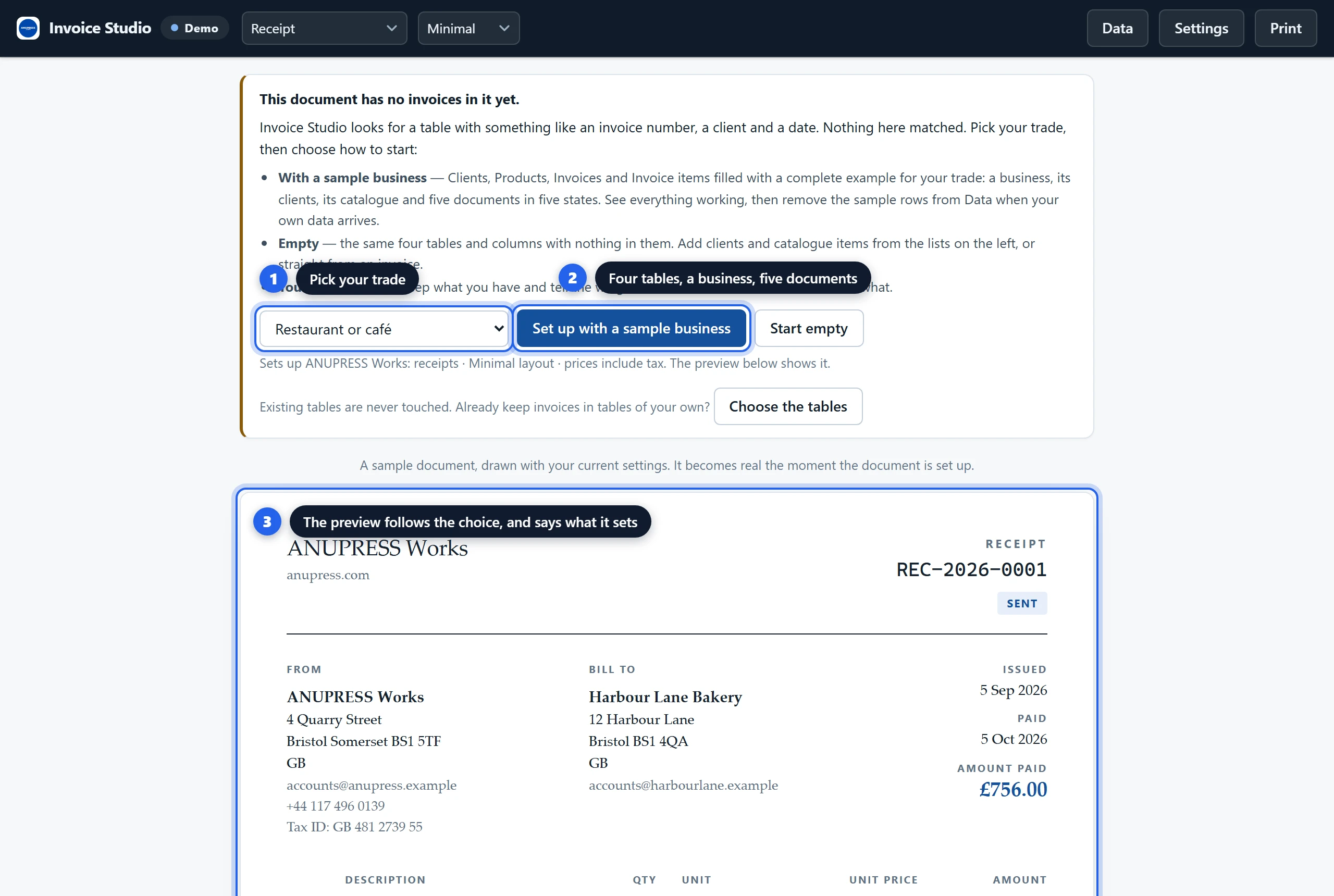 The Grist invoice widget's setup notice with the trade chooser set to Restaurant or café and a sample receipt drawn below it