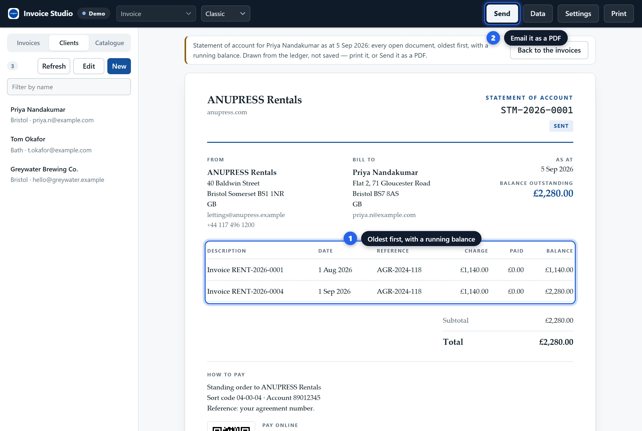 A statement of account drawn up by the Grist invoice widget: two open invoices, oldest first, with a running balance