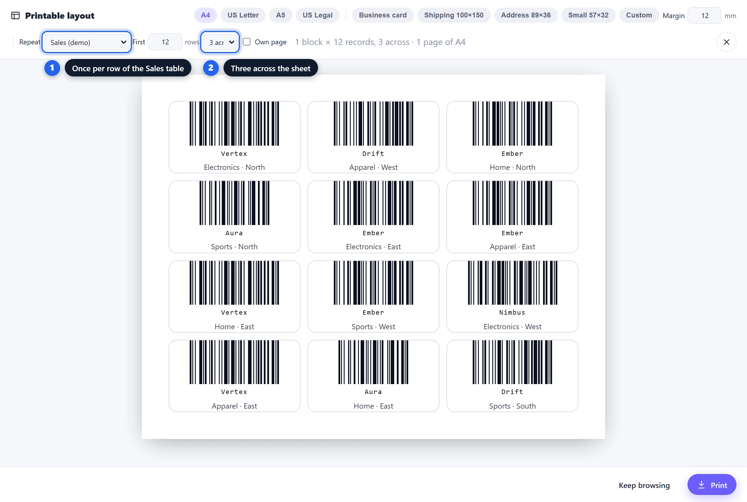 A printout in the ANUPRESS Grist widget repeated once per row of the Sales table, three across an A4 sheet, giving twelve product barcodes with category and region captions