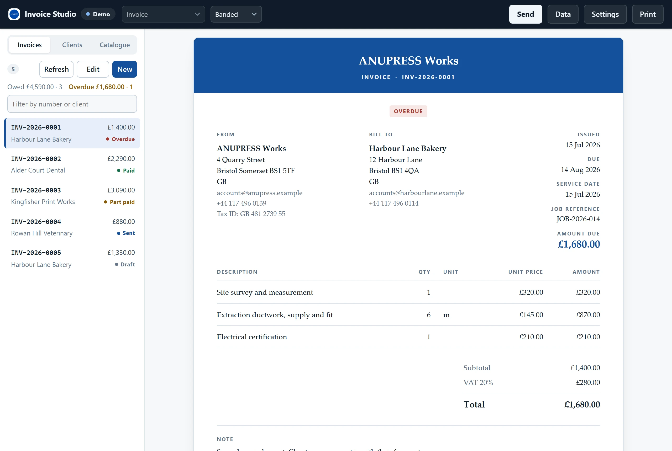 A finished invoicing setup from the Grist setup service: the Invoice Studio widget inside a Grist document with five sample documents and an invoice on screen