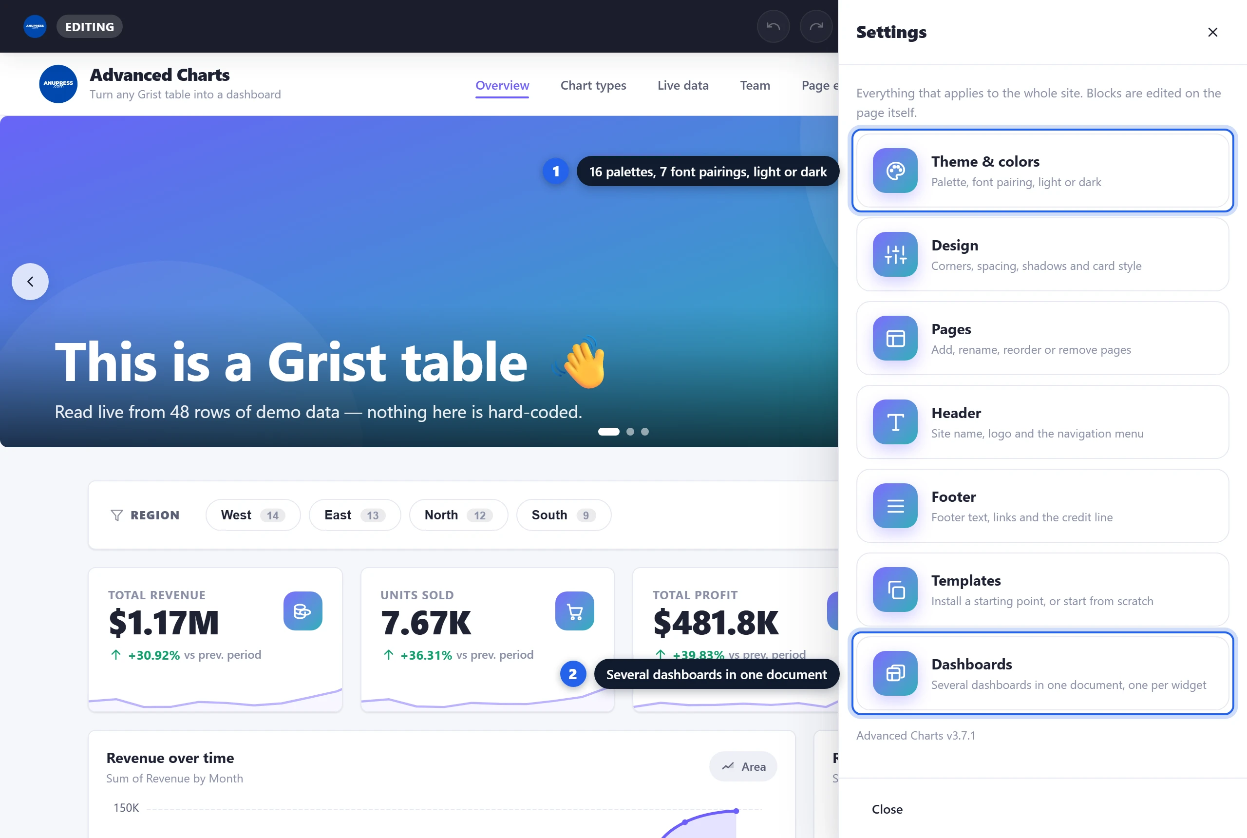 The Settings panel in the ANUPRESS Grist widget with entries for theme and colors, design, pages, header, footer, templates and dashboards