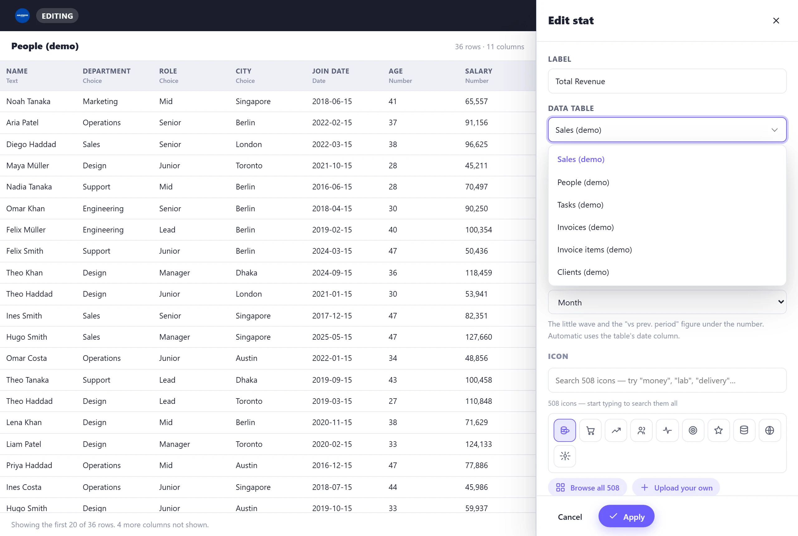 The table list open in an Advanced Charts block editor, with a snapshot of the People table's columns, types and first rows shown on the left of the page