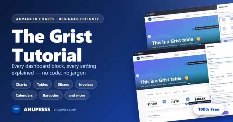 Grist tutorial cover: every Advanced Charts dashboard block, every setting explained, no code