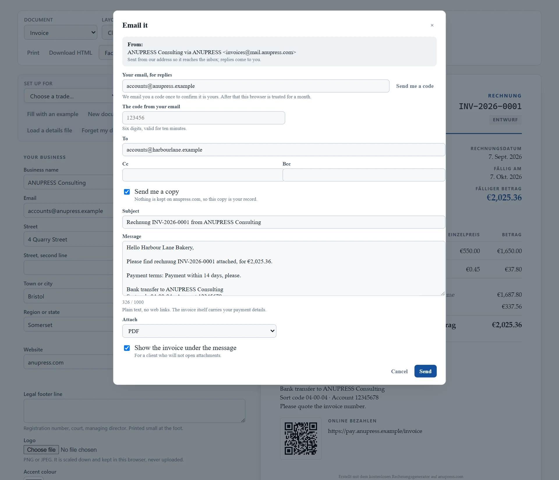 The Email it dialog with the reply-to address, the code step, recipients, subject and message