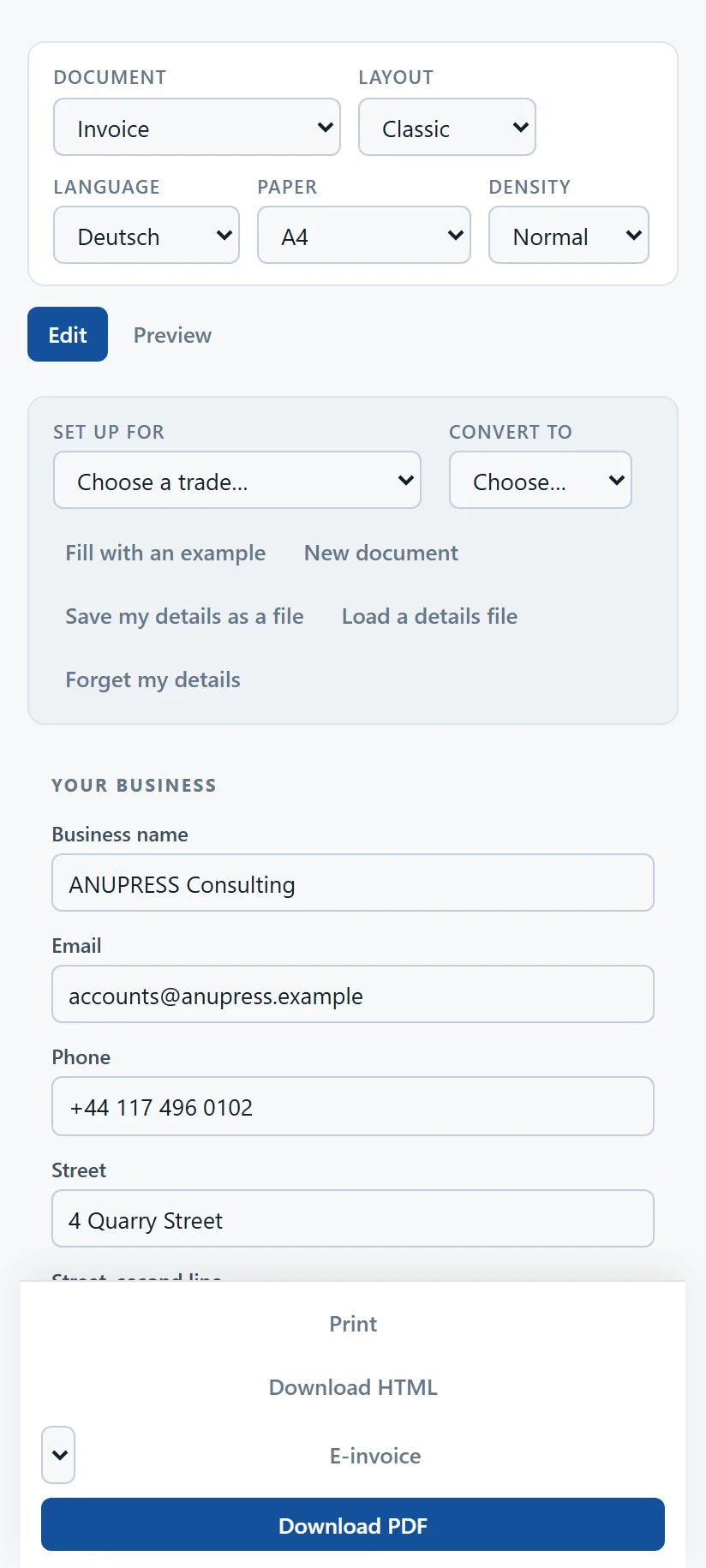 The invoice generator on a phone with Edit and Preview tabs and the download buttons docked at the bottom