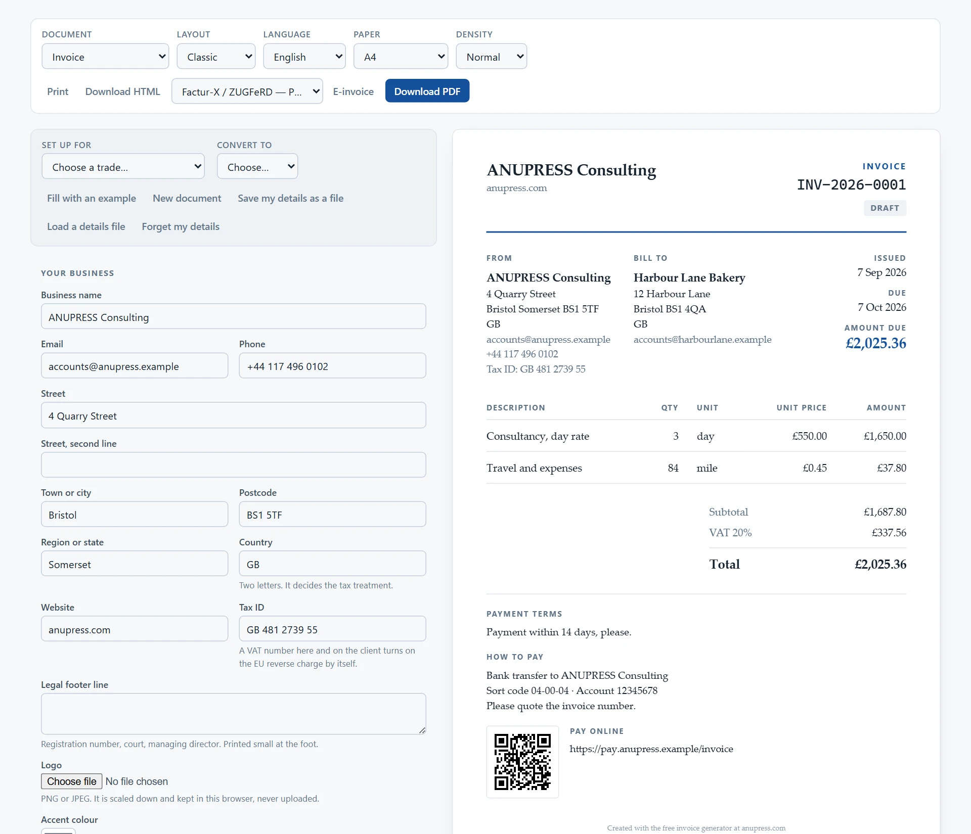 Free invoice generator with the form on the left and the finished invoice drawn on the right
