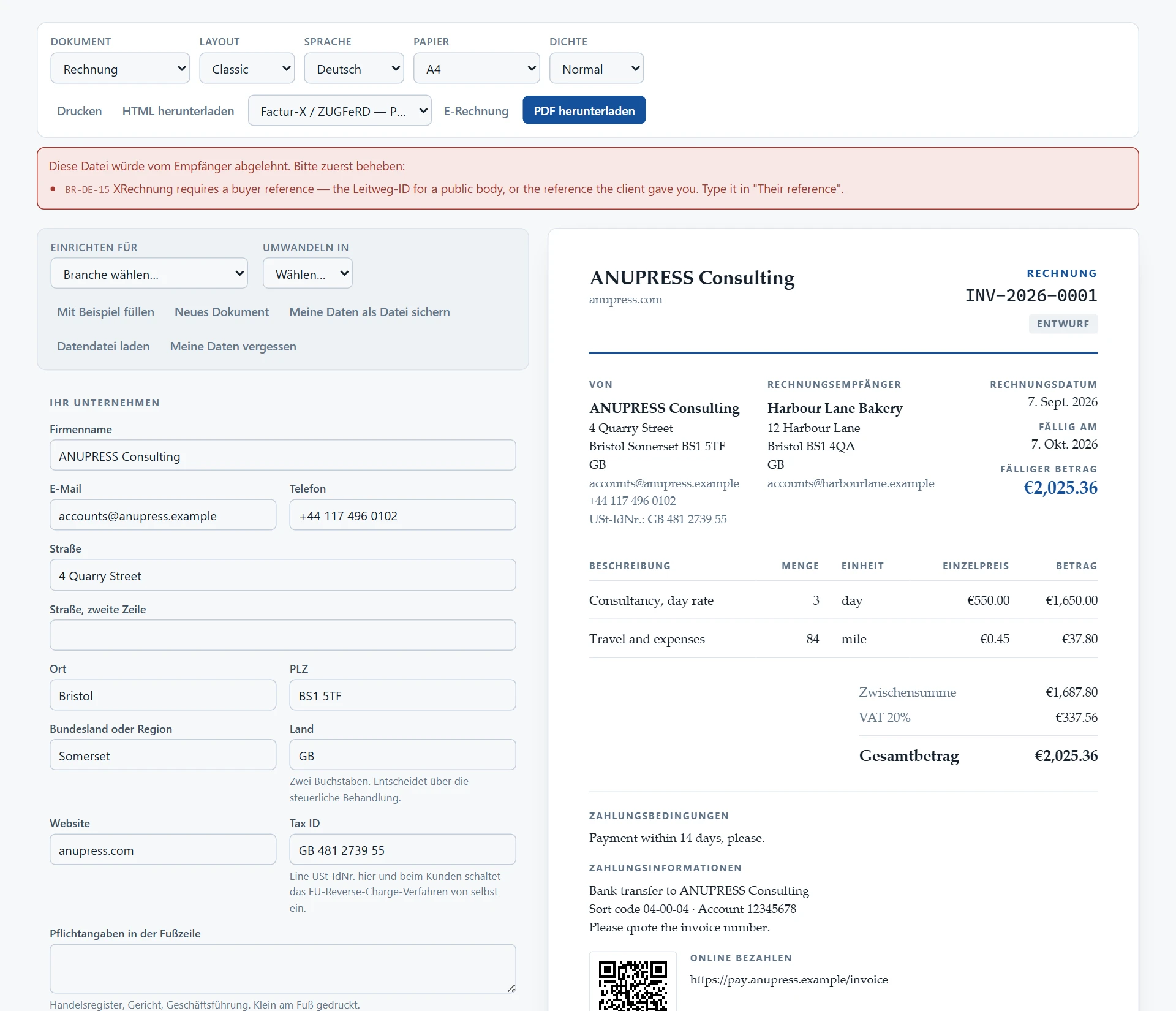The German invoice generator refusing to build an XRechnung until the Leitweg-ID buyer reference is filled in