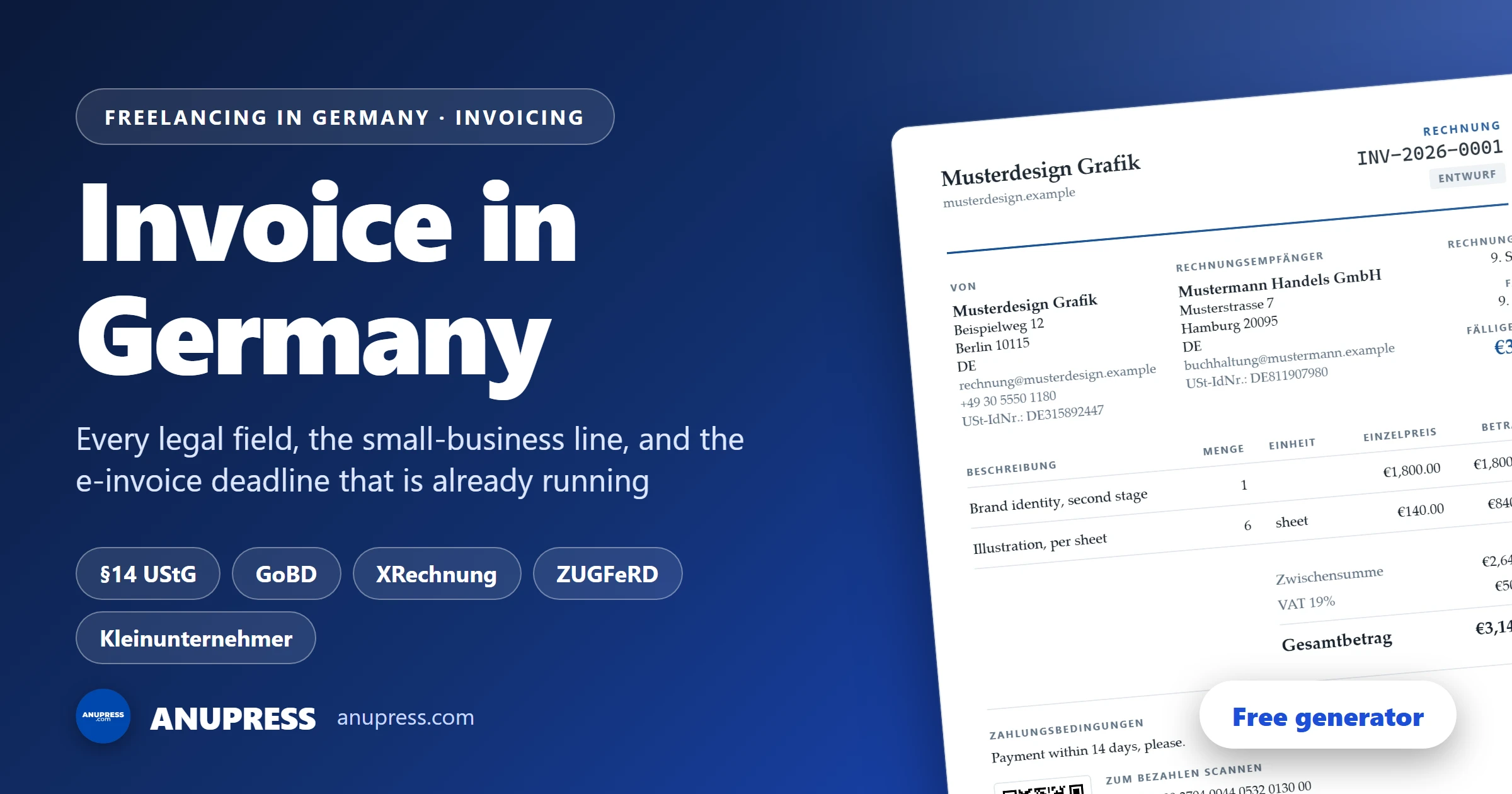 Cover for the ANUPRESS guide to writing a legally compliant invoice in Germany, showing a German invoice beside the topics it covers