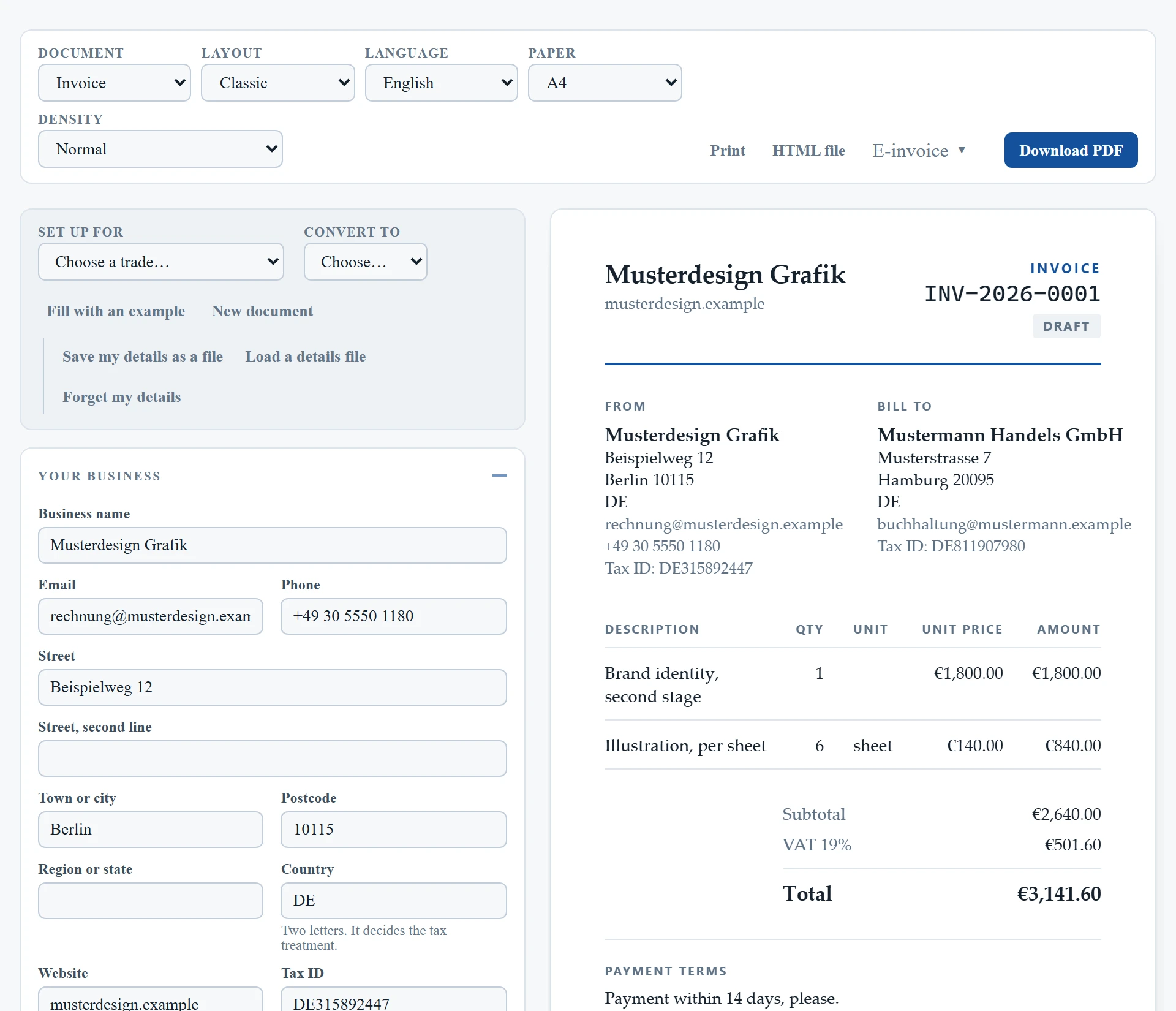 The free ANUPRESS invoice generator producing a compliant invoice in Germany