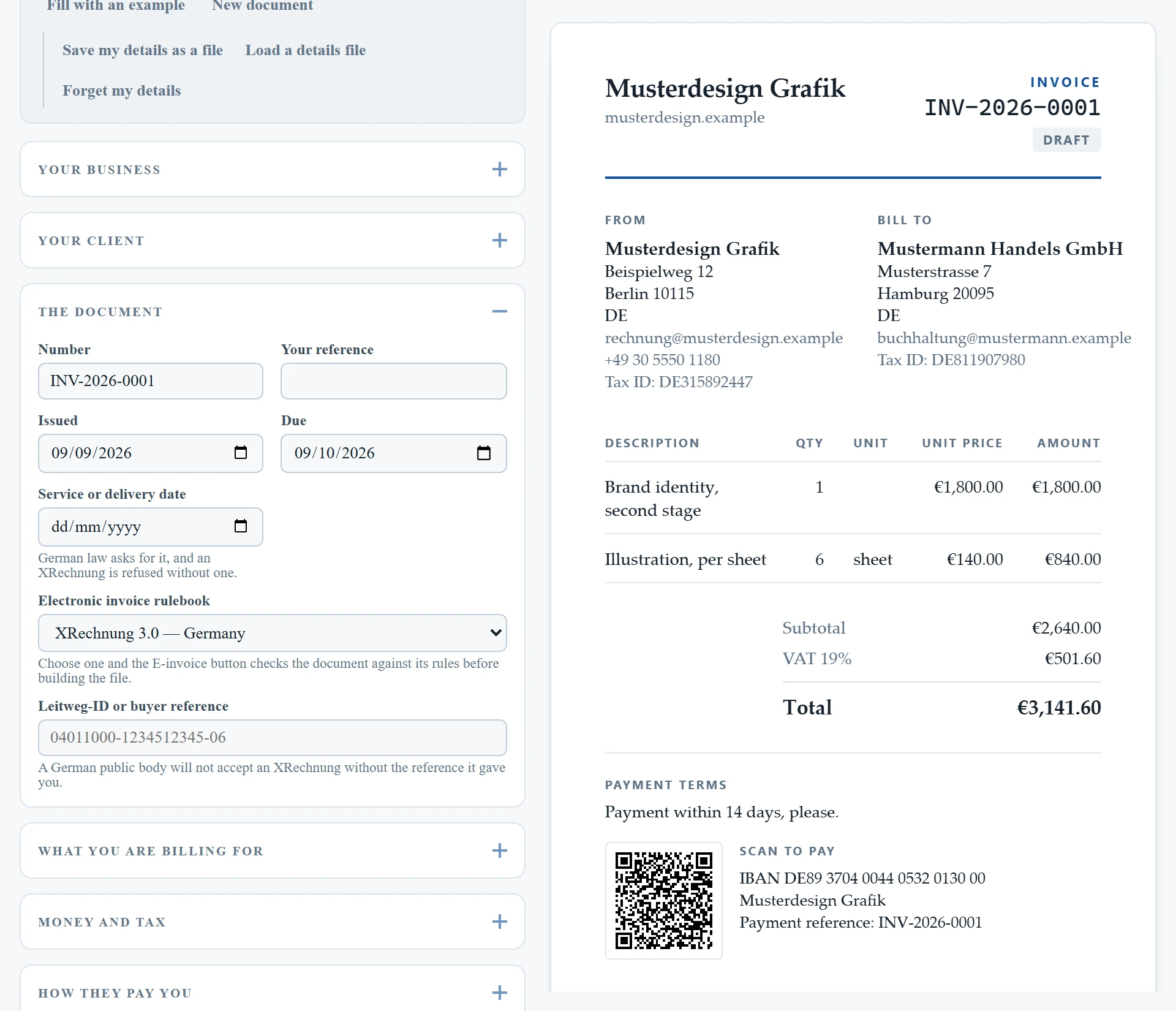 Choosing the XRechnung rulebook for an e-invoice in Germany, with the Leitweg-ID field revealed