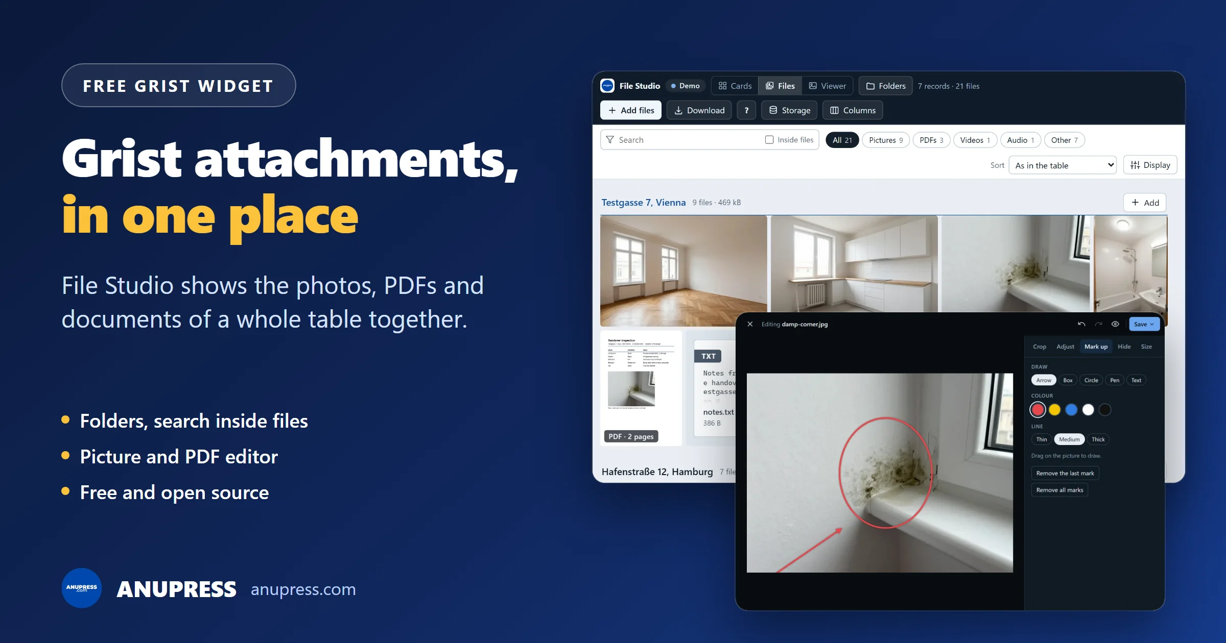 Grist attachments in one place: File Studio, a free Grist widget, with its file wall and picture editor