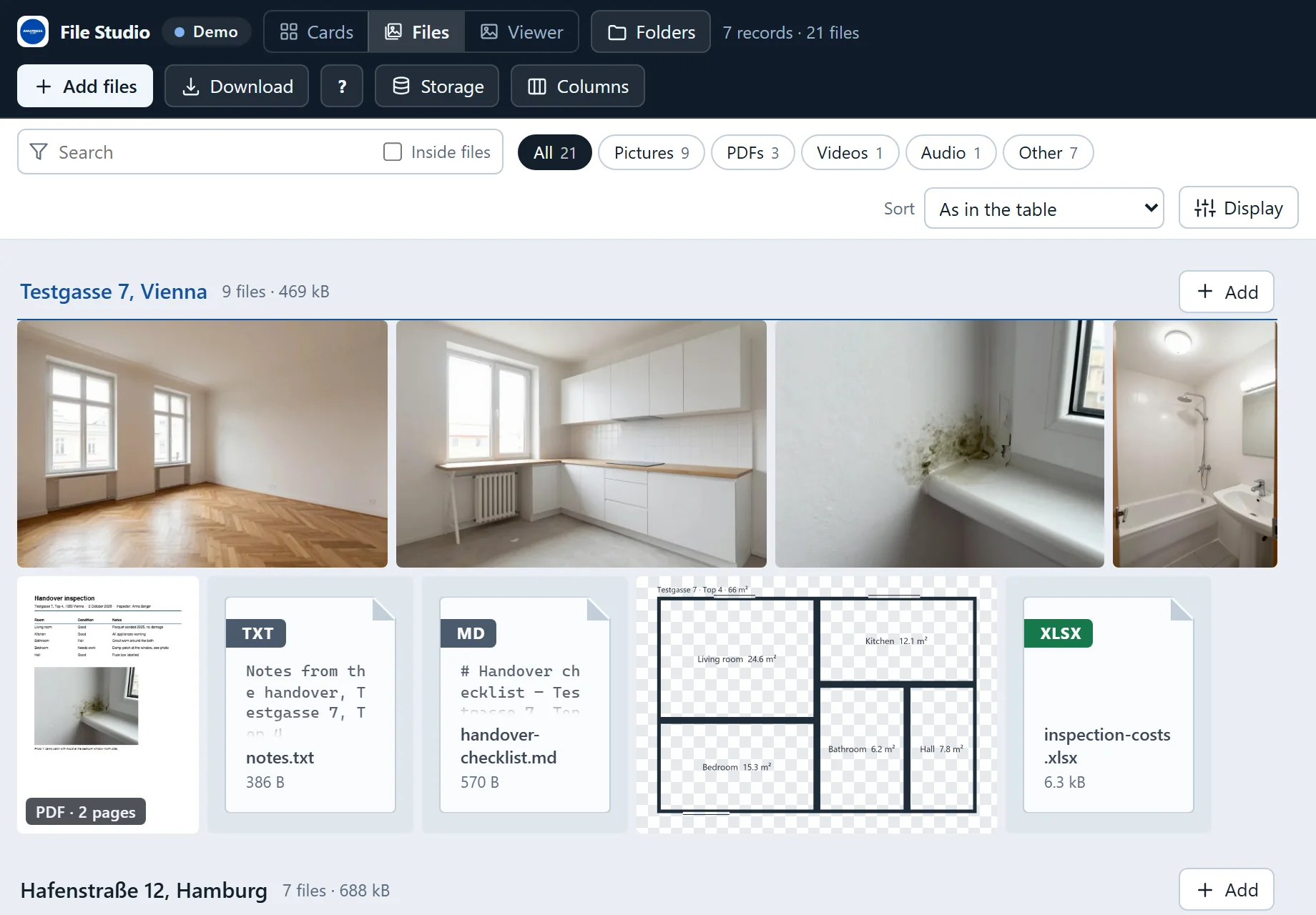 File Studio Files layout: every file of the Vienna inspection on one wall, photos, the first page of a PDF, a text file, a Markdown file, a floor plan and an Excel file