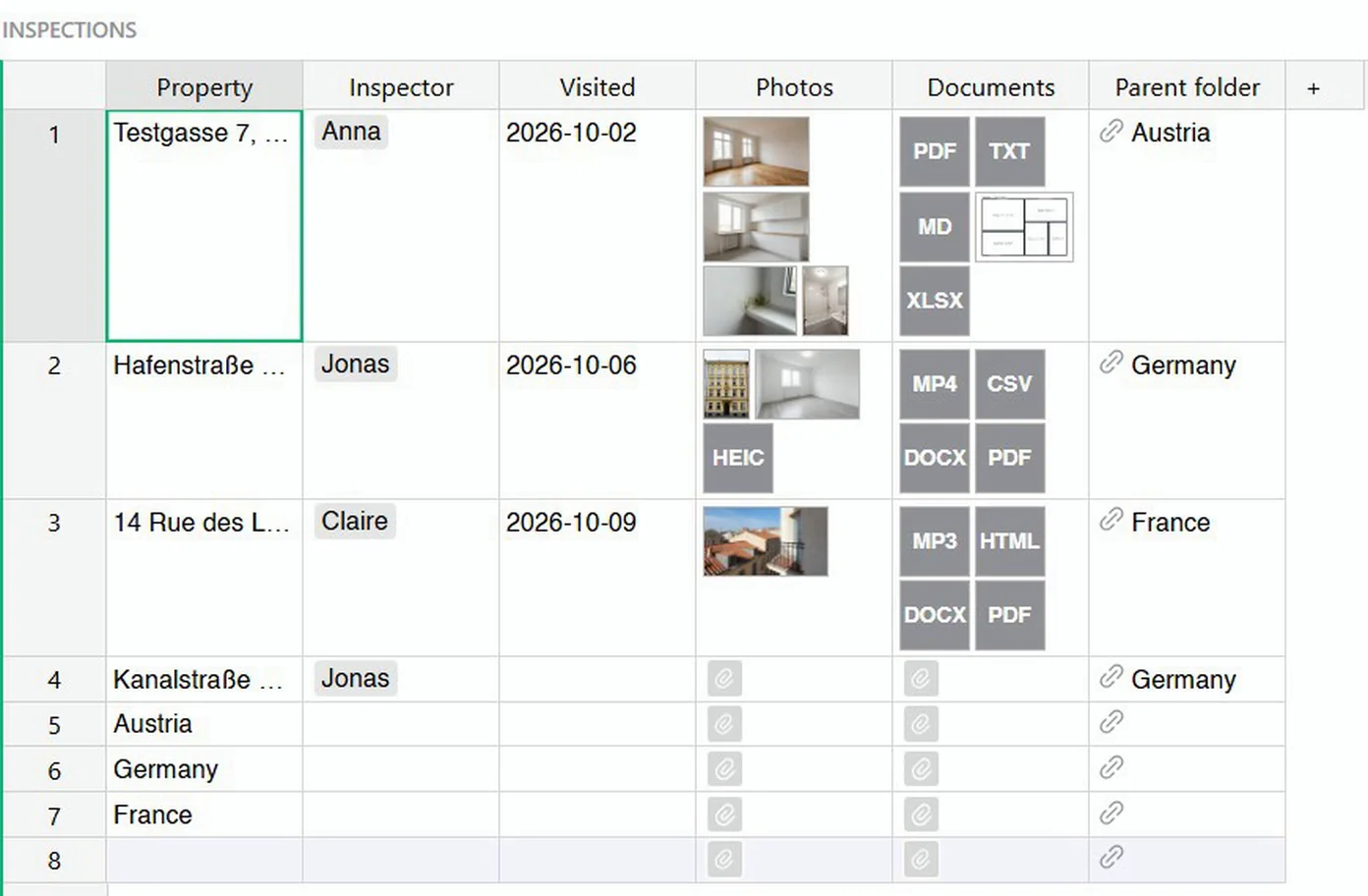 Grist attachments in a table: photo thumbnails in the Photos column and grey PDF, TXT, XLSX, MP4, CSV and DOCX tiles in the Documents column