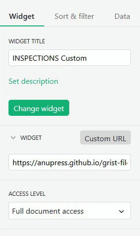 Grist's creator panel for File Studio: the Custom URL https://anupress.github.io/grist-file-studio/ and the access level Full document access