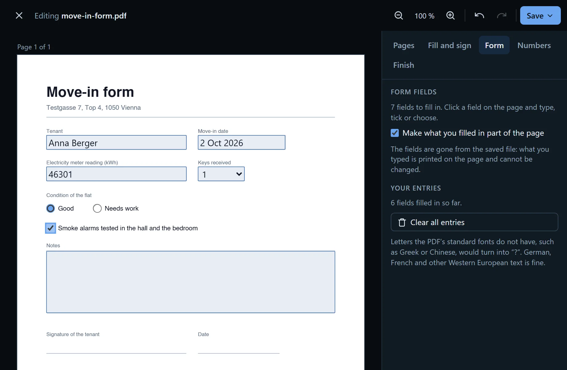 A move-in form PDF filled in with File Studio: tenant, move-in date, meter reading, keys, a radio button and a tick box, with the Form tab on the right