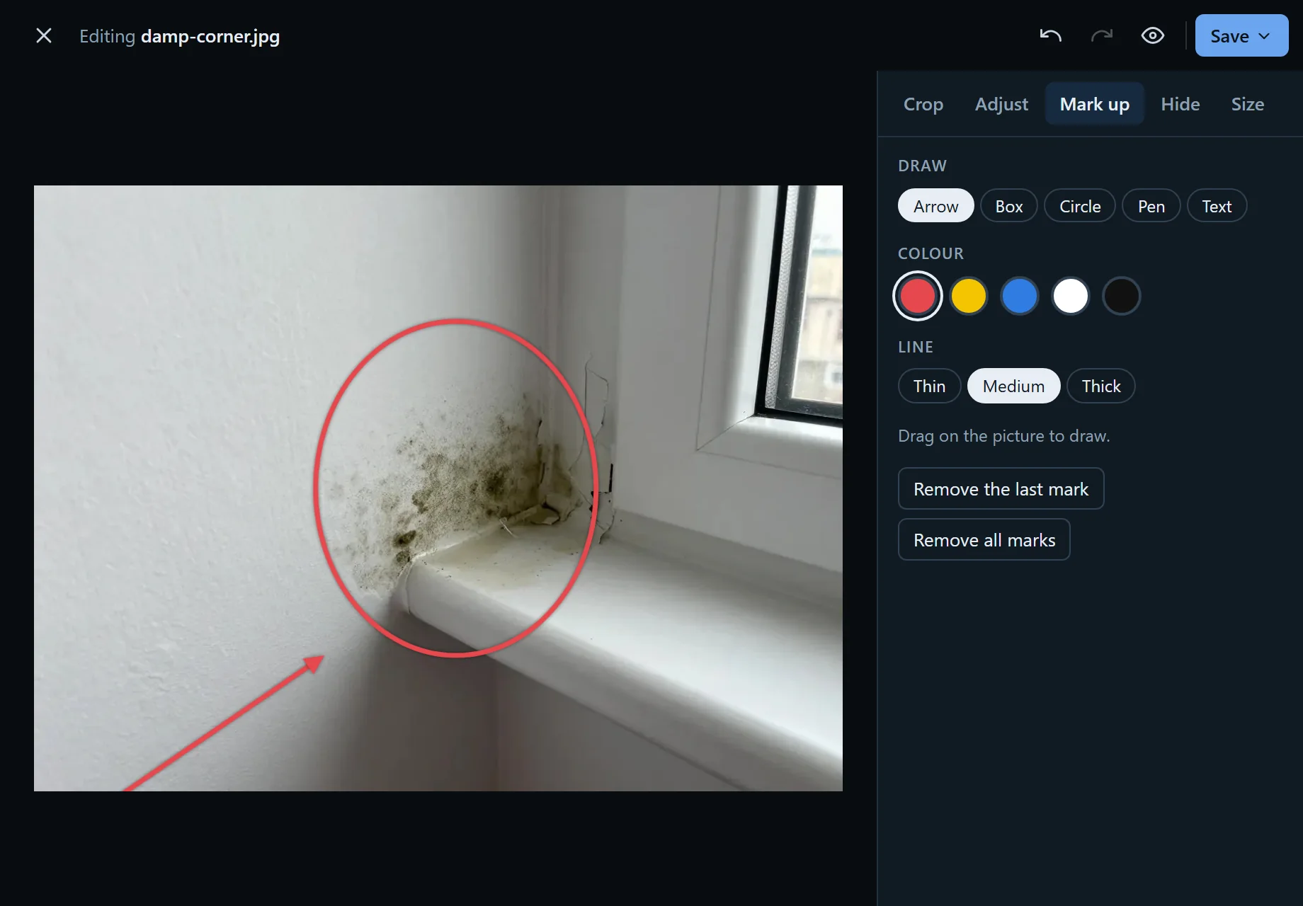 The File Studio picture editor: a damp corner by a window with a red circle and an arrow drawn on it, and the Mark up tools