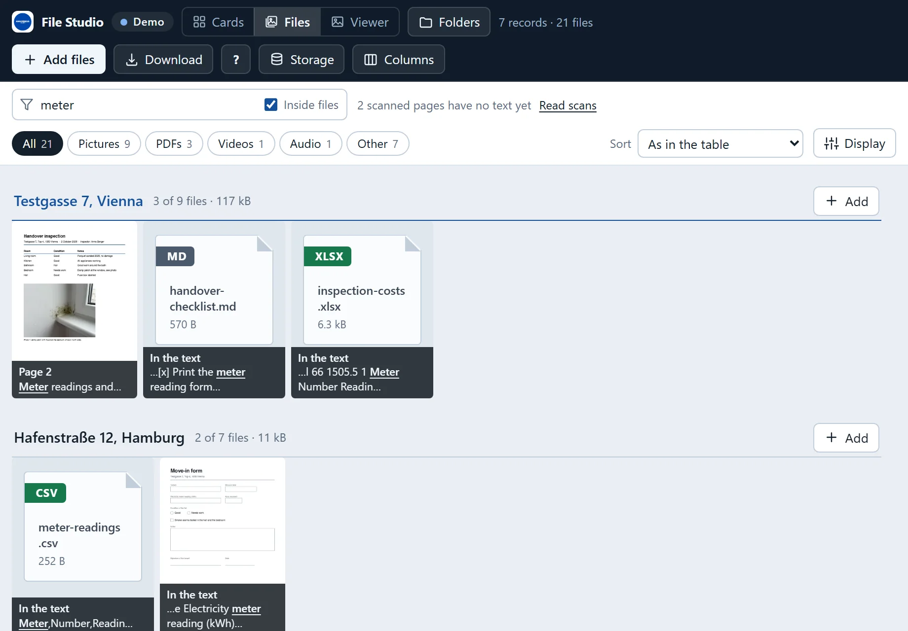 Searching meter with Inside files ticked: a PDF page, a checklist, a spreadsheet, a CSV file and a PDF form, each with the words around the match