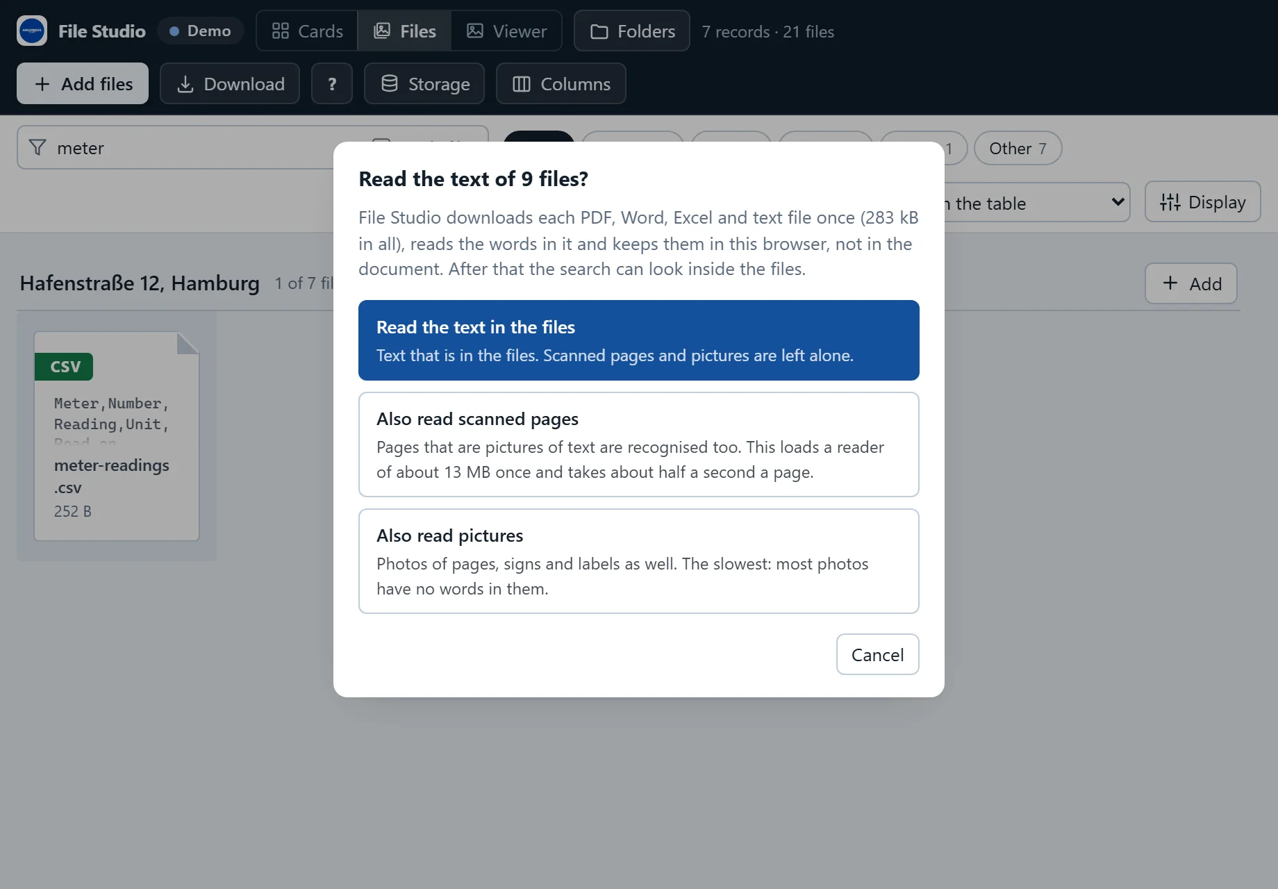 File Studio asks before it reads: Read the text of 9 files, 283 kB in all, with the choices Read the text in the files, Also read scanned pages and Also read pictures