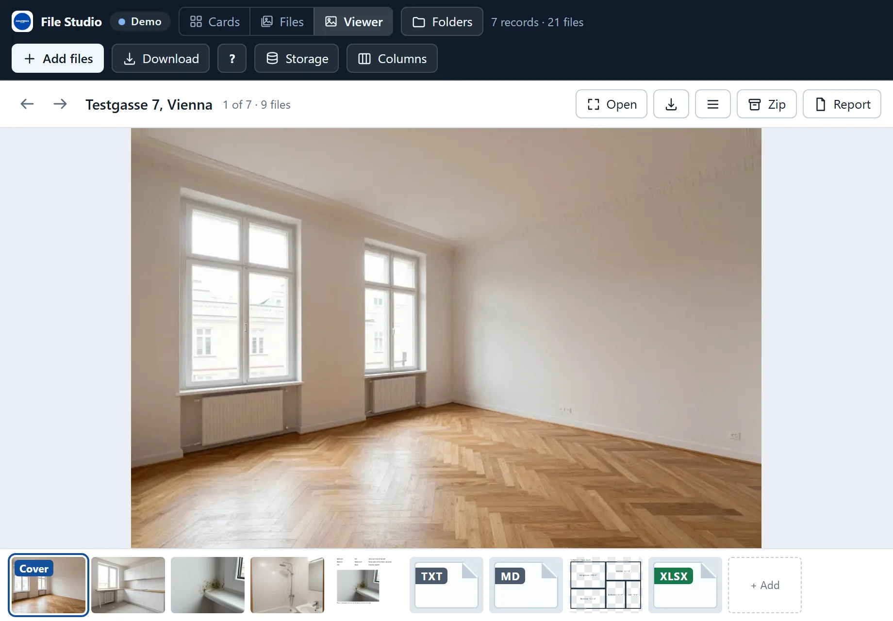 File Studio Viewer: one photo of the Vienna flat large, with a filmstrip of its nine files below and the buttons Open, Download, Zip and Report