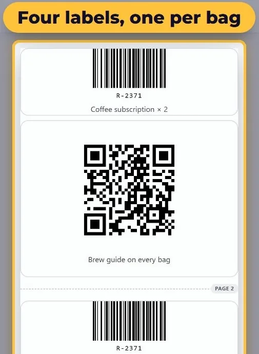 A printout preview of shipping labels with a barcode, an order number and a QR code for the brew guide