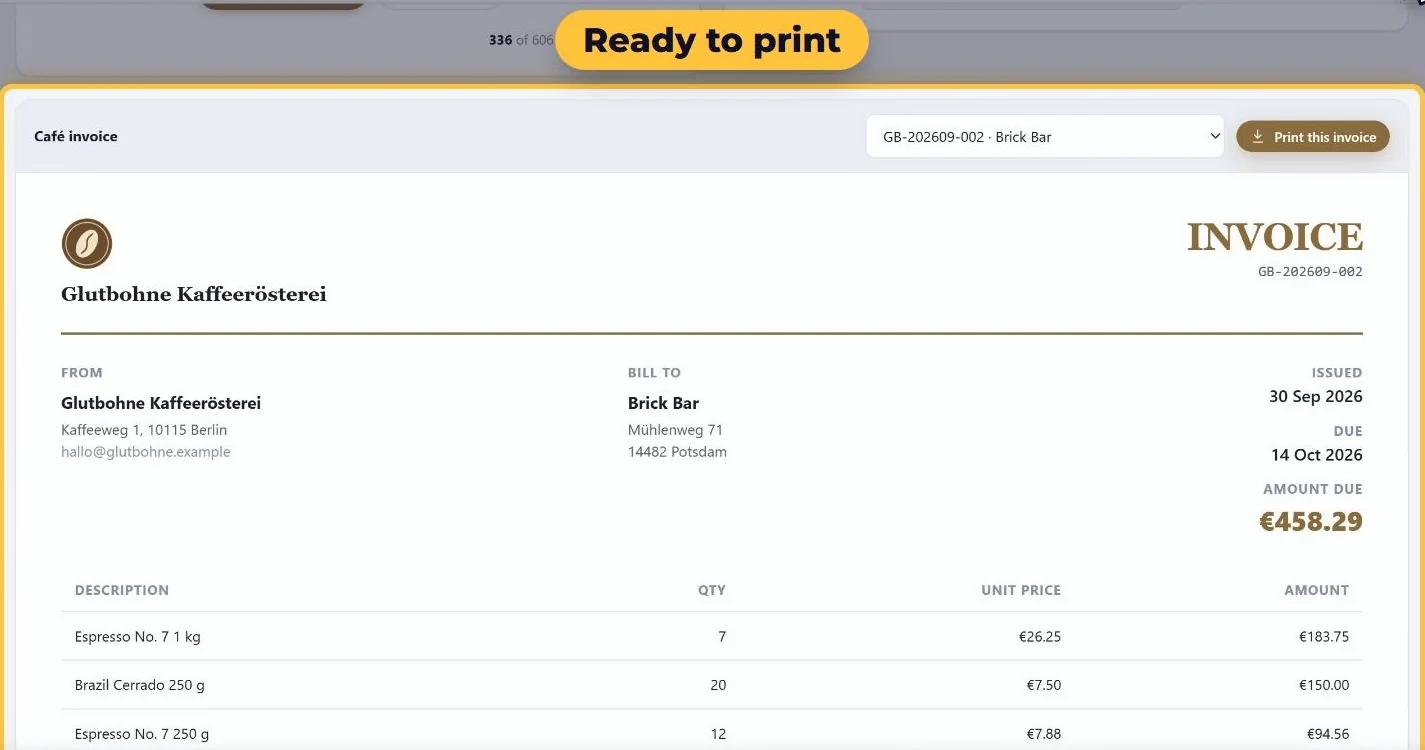 A printable café invoice with the number GB-202609-002, issue and due dates and order lines