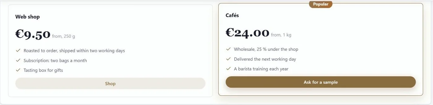 A pricing table with a web shop plan from €9.50 and a highlighted wholesale plan for cafés